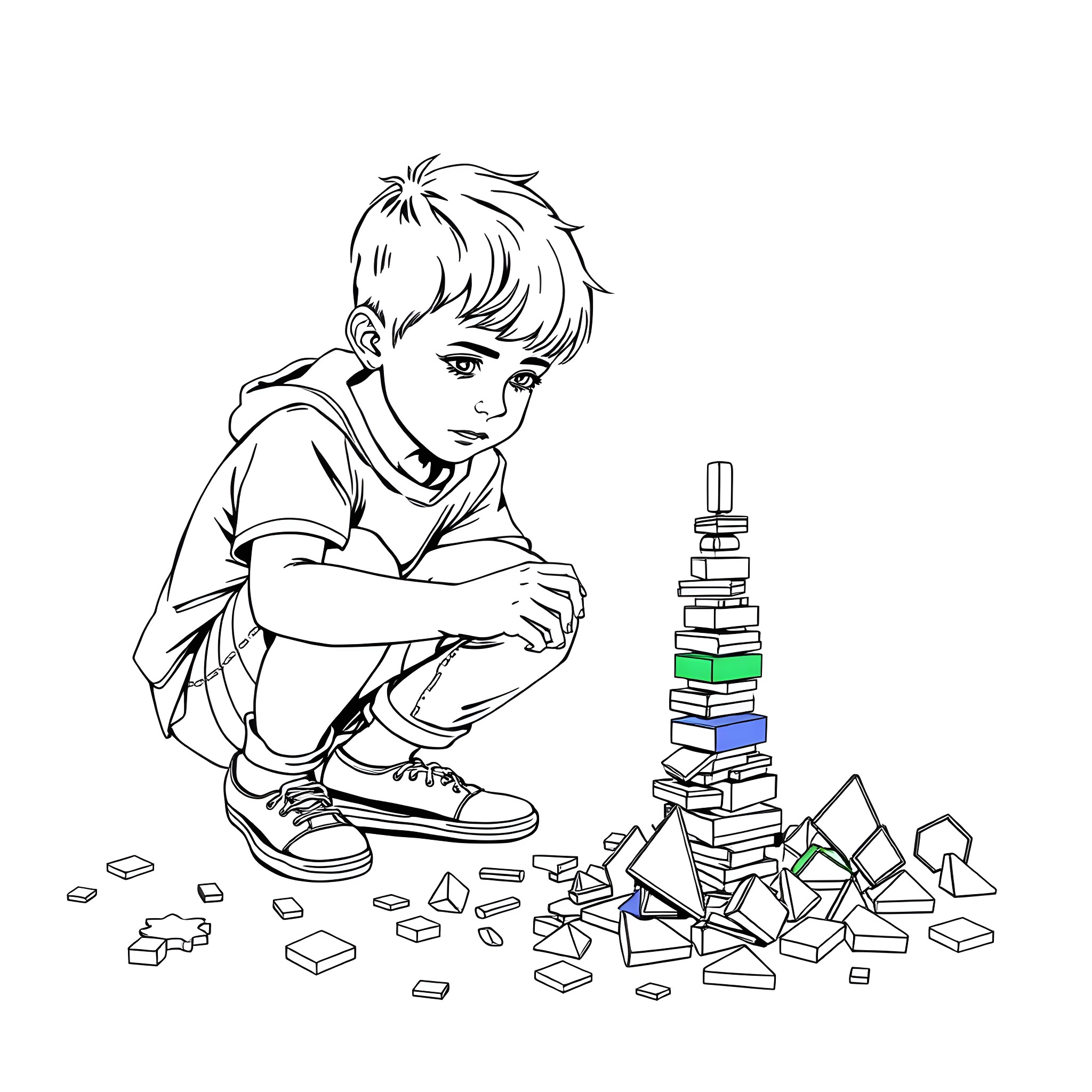 Boy building a tower with colorful blocks Coloring Page (free black-and-white line drawing printable PDF for all, from beginners to advanced learners, including children, teens, adults, and seniors)
