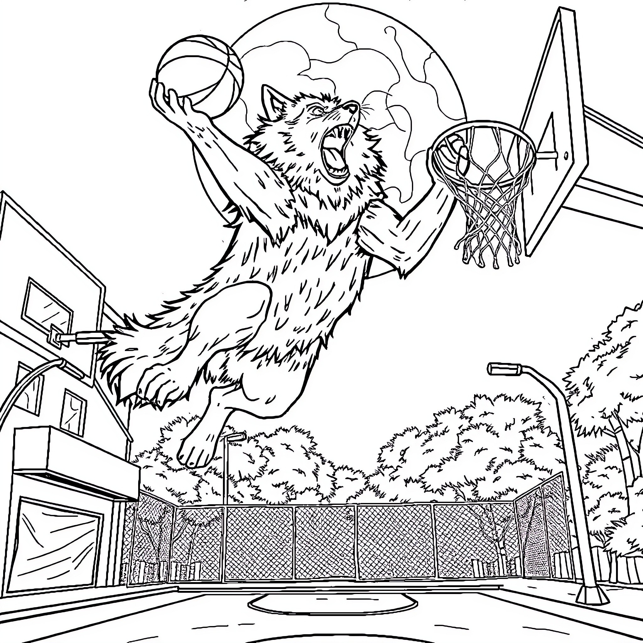Werewolf playing basketball on the court Coloring Page (free black-and-white line drawing printable PDF for all, from beginners to advanced learners, including children, teens, adults, and seniors)