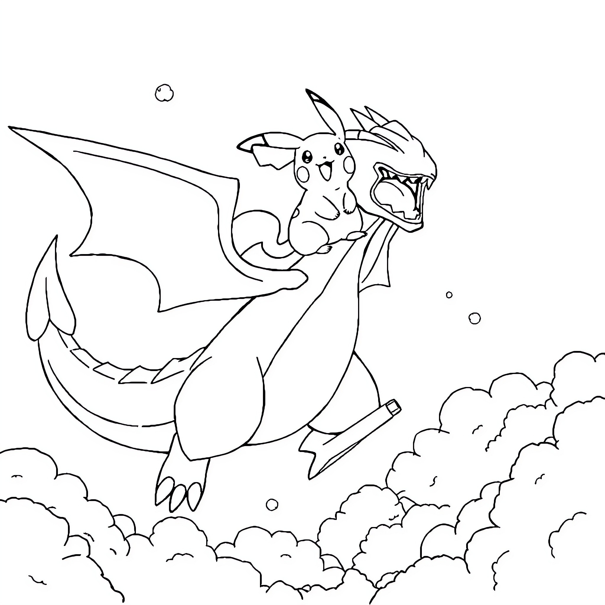 Dialga flying majestically through the clouds Coloring Page (free black-and-white line drawing printable PDF for all, from beginners to advanced learners, including children, teens, adults, and seniors)