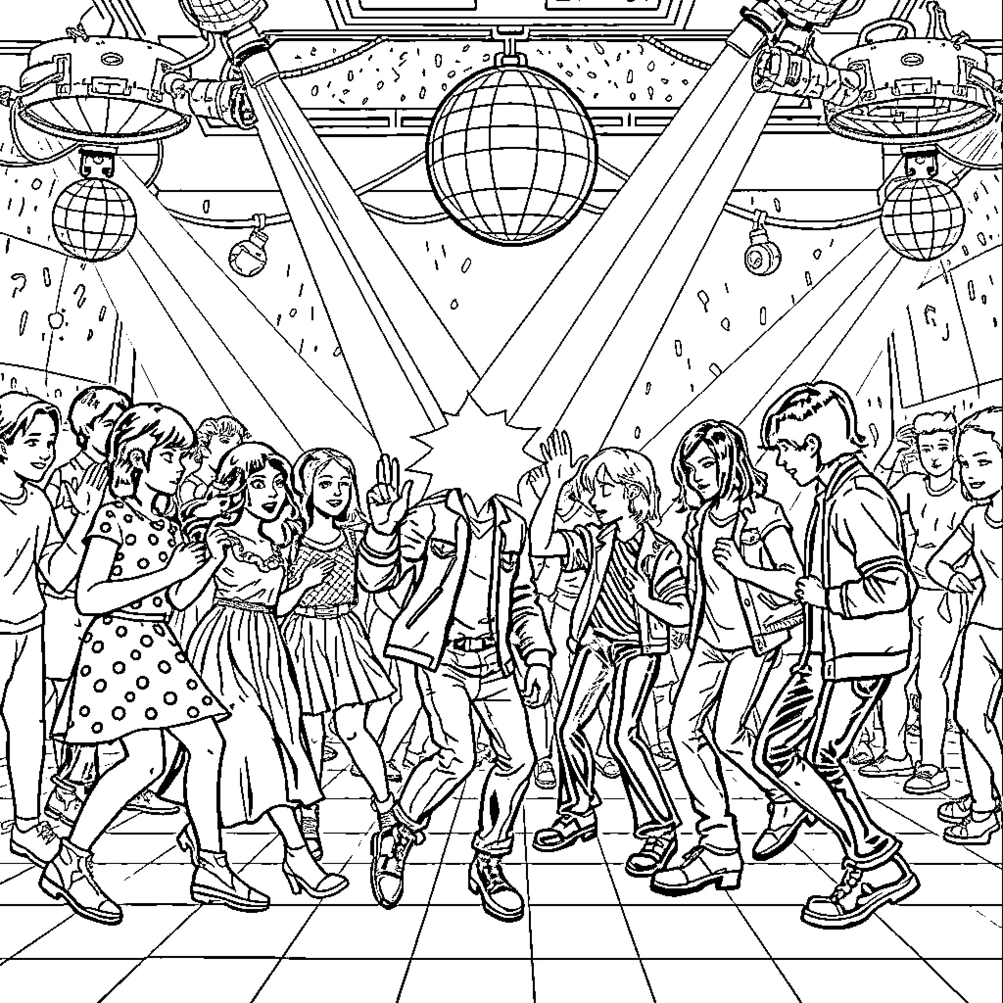 Stranger Things: Teens Dancing at a Retro Disco Party Coloring Page (free black-and-white line drawing printable PDF for all, from beginners to advanced learners, including children, teens, adults, and seniors)