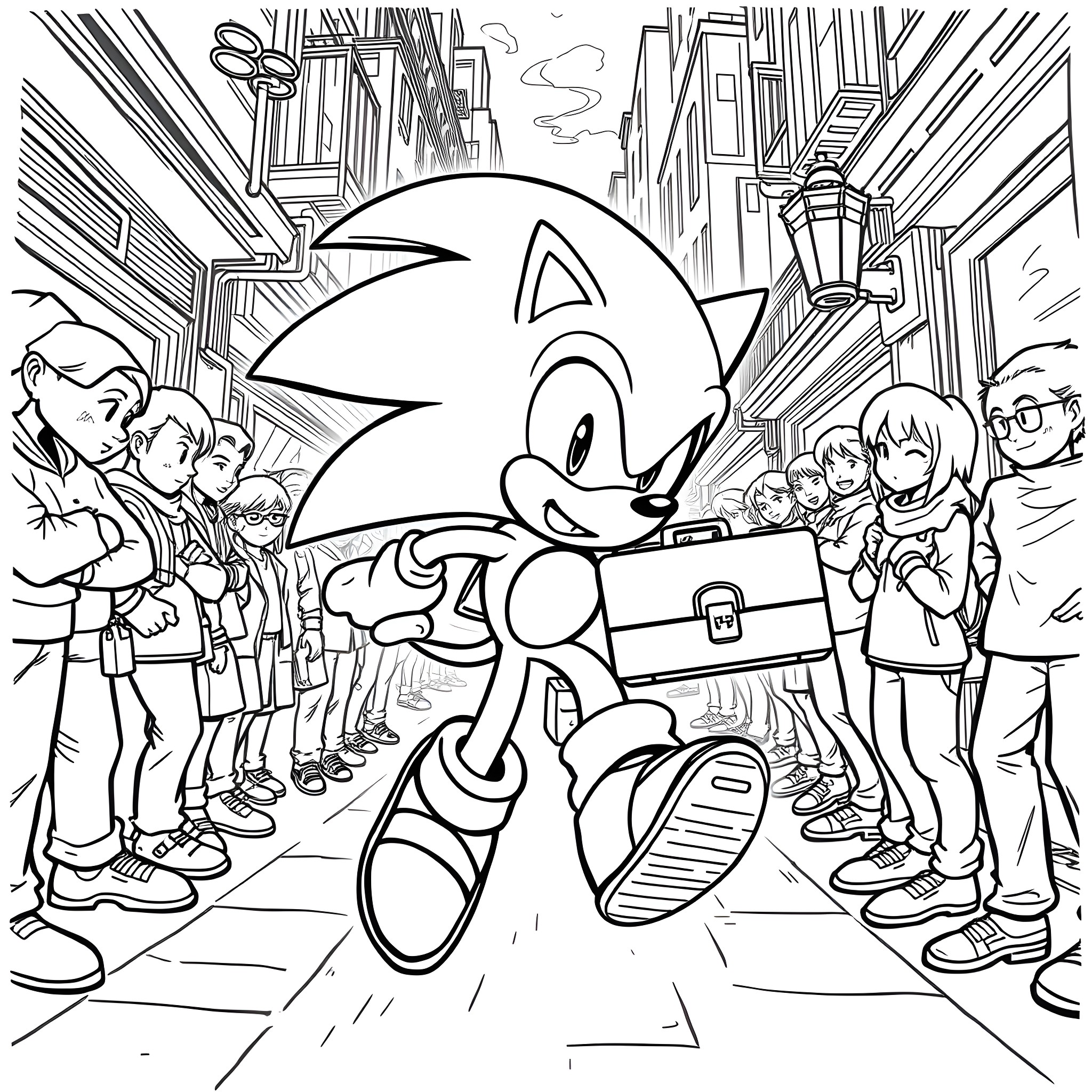 Sonic's Exciting Adventure in the City Coloring Page (free black-and-white line drawing printable PDF for all, from beginners to advanced learners, including children, teens, adults, and seniors)
