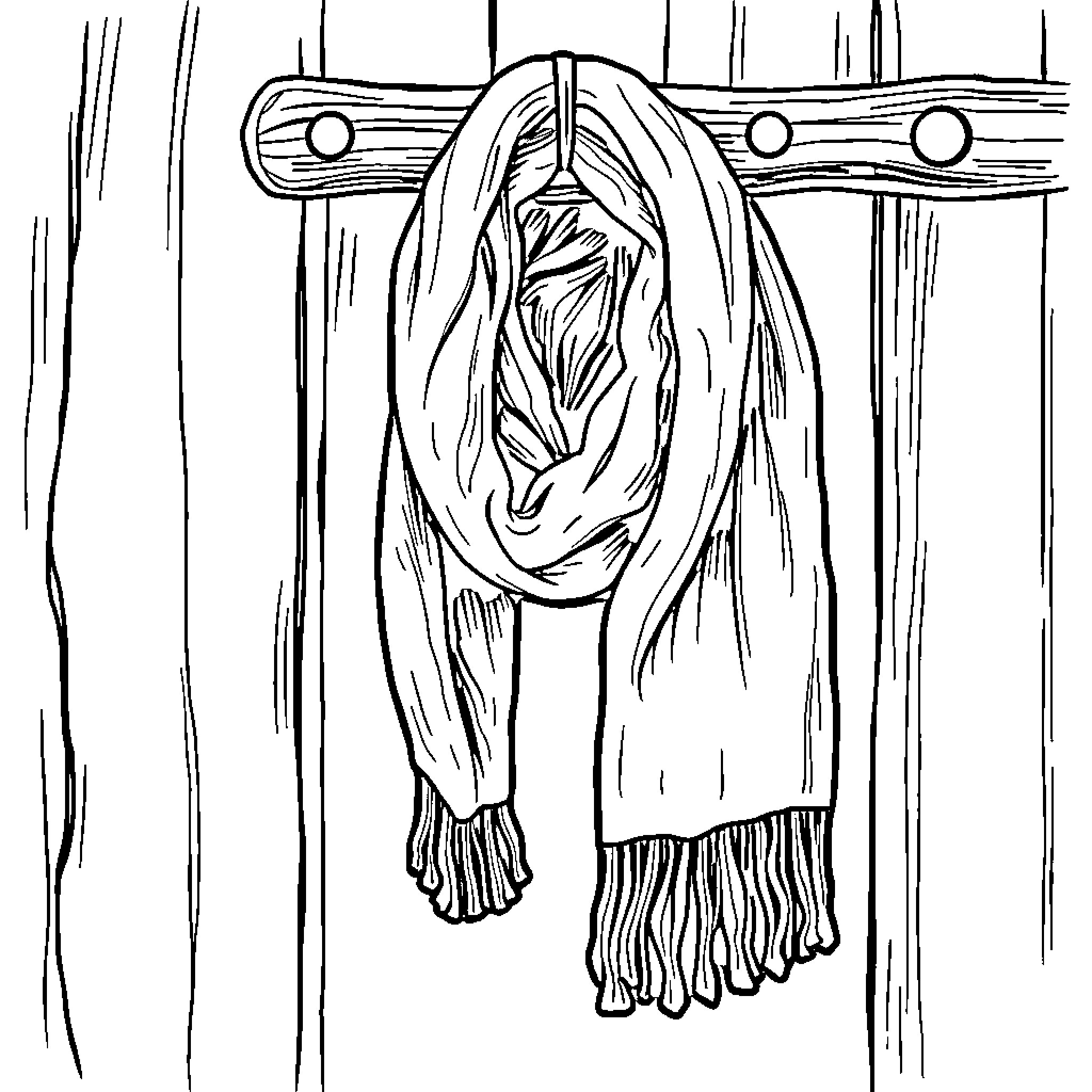 Scarf hanging on wooden pegs Coloring Page (free black-and-white line drawing printable PDF for all, from beginners to advanced learners, including children, teens, adults, and seniors)