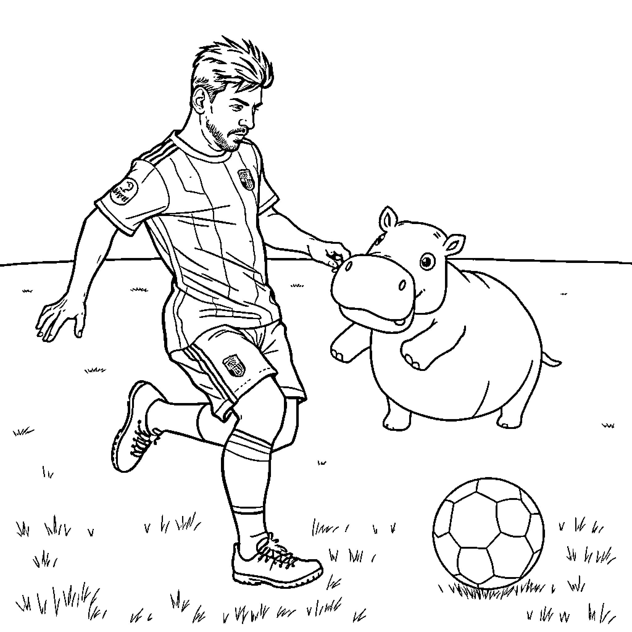 Messi plays with a baby hippo on the field Coloring Page (free black-and-white line drawing printable PDF for all, from beginners to advanced learners, including children, teens, adults, and seniors)
