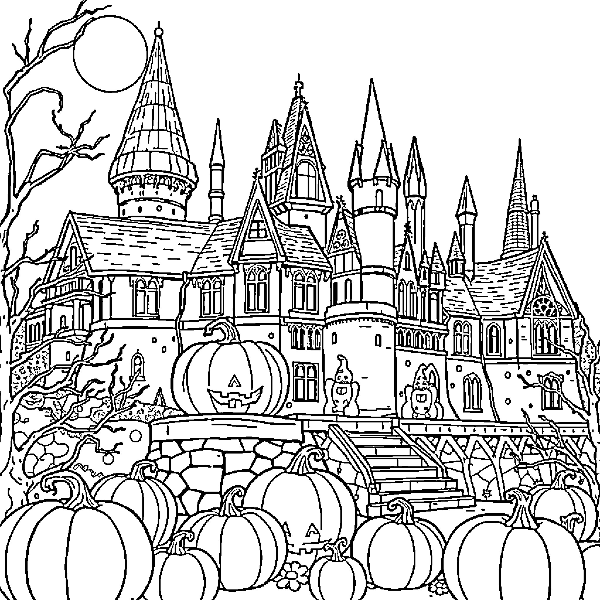 Hogwarts Castle in Spooky Autumn Celebration Coloring Page (free black-and-white line drawing printable PDF for all, from beginners to advanced learners, including children, teens, adults, and seniors)