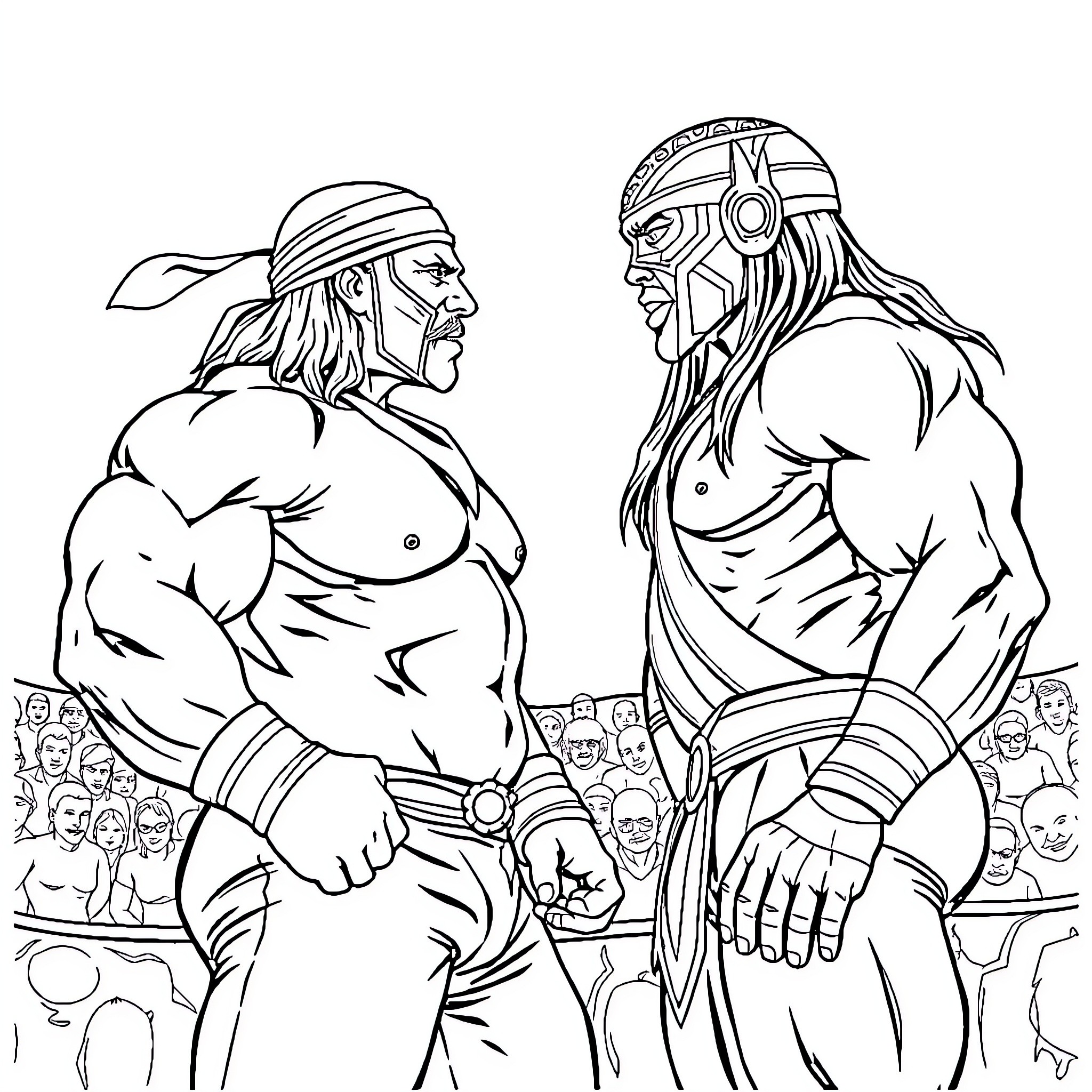 Wrestlers engage in intense match in front of spectators Coloring Page (free black-and-white line drawing printable PDF for all, from beginners to advanced learners, including children, teens, adults, and seniors)