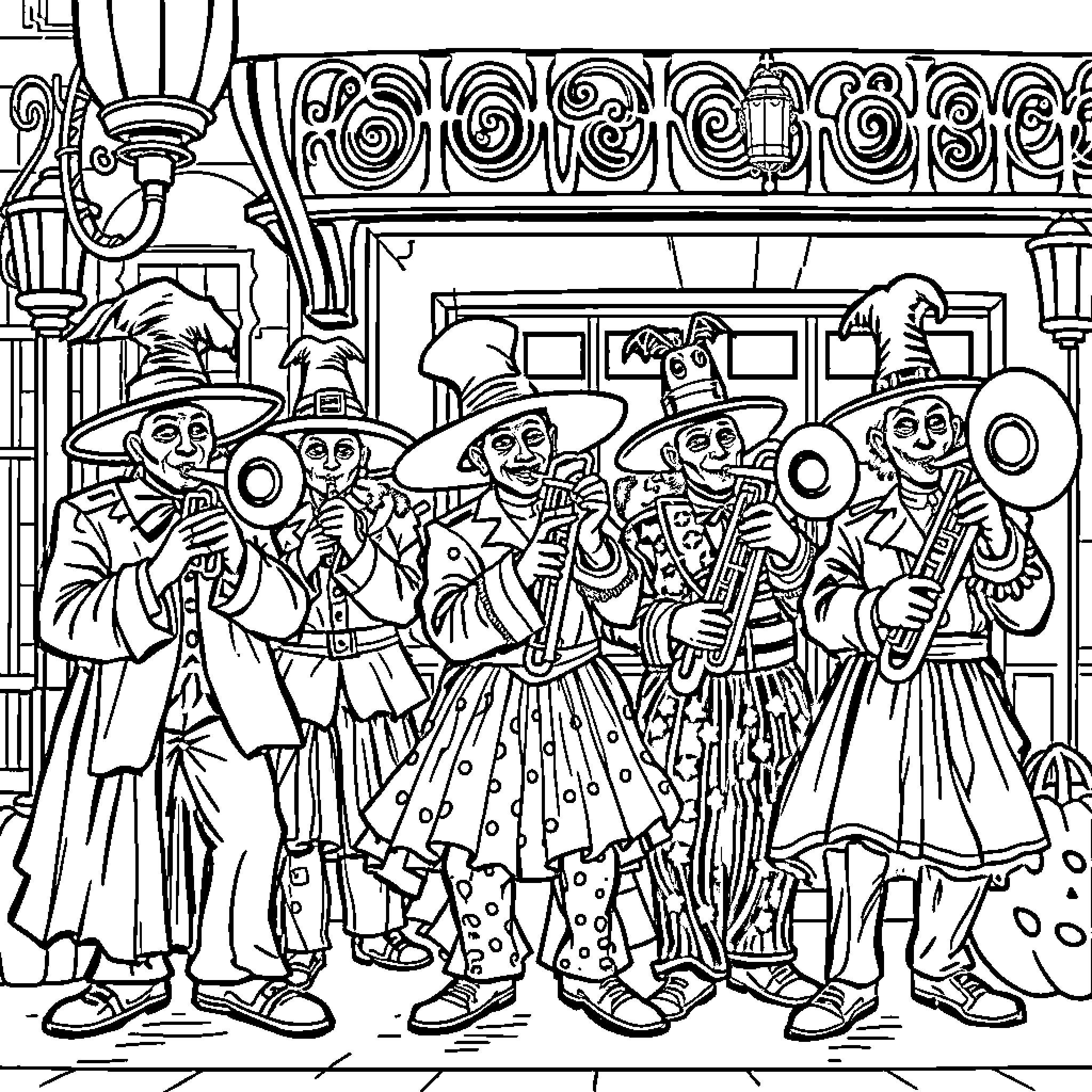 Brass Band Performing at a Festive Carnival Coloring Page (free black-and-white line drawing printable PDF for all, from beginners to advanced learners, including children, teens, adults, and seniors)
