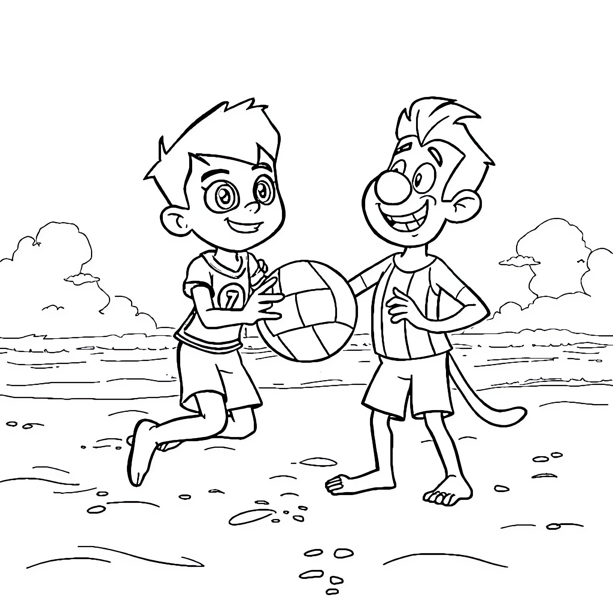 Ben 10 characters playing with a ball on the beach Coloring Page (free black-and-white line drawing printable PDF for all, from beginners to advanced learners, including children, teens, adults, and seniors)