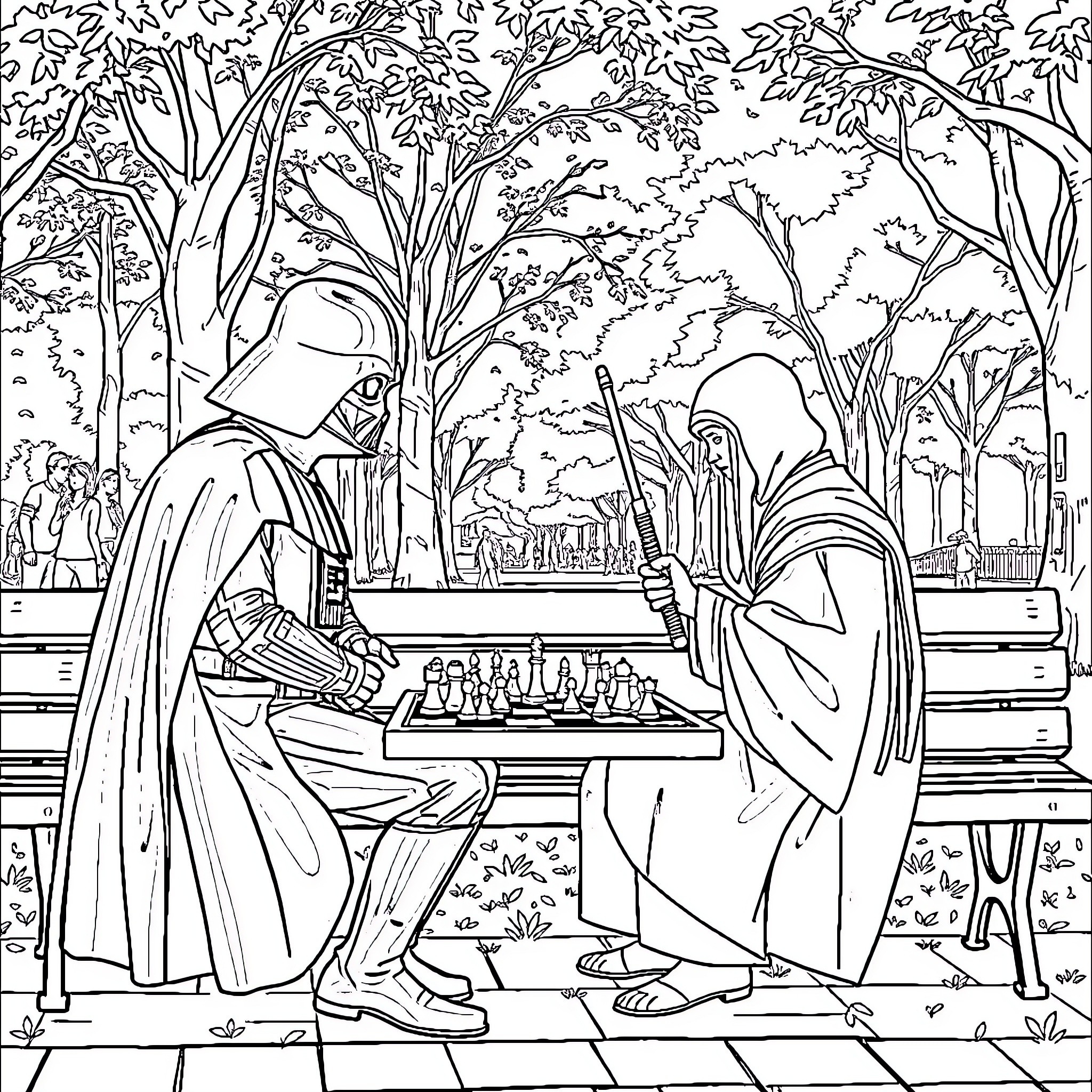 Darth Vader playing chess with a mysterious figure Coloring Page (free black-and-white line drawing printable PDF for all, from beginners to advanced learners, including children, teens, adults, and seniors)