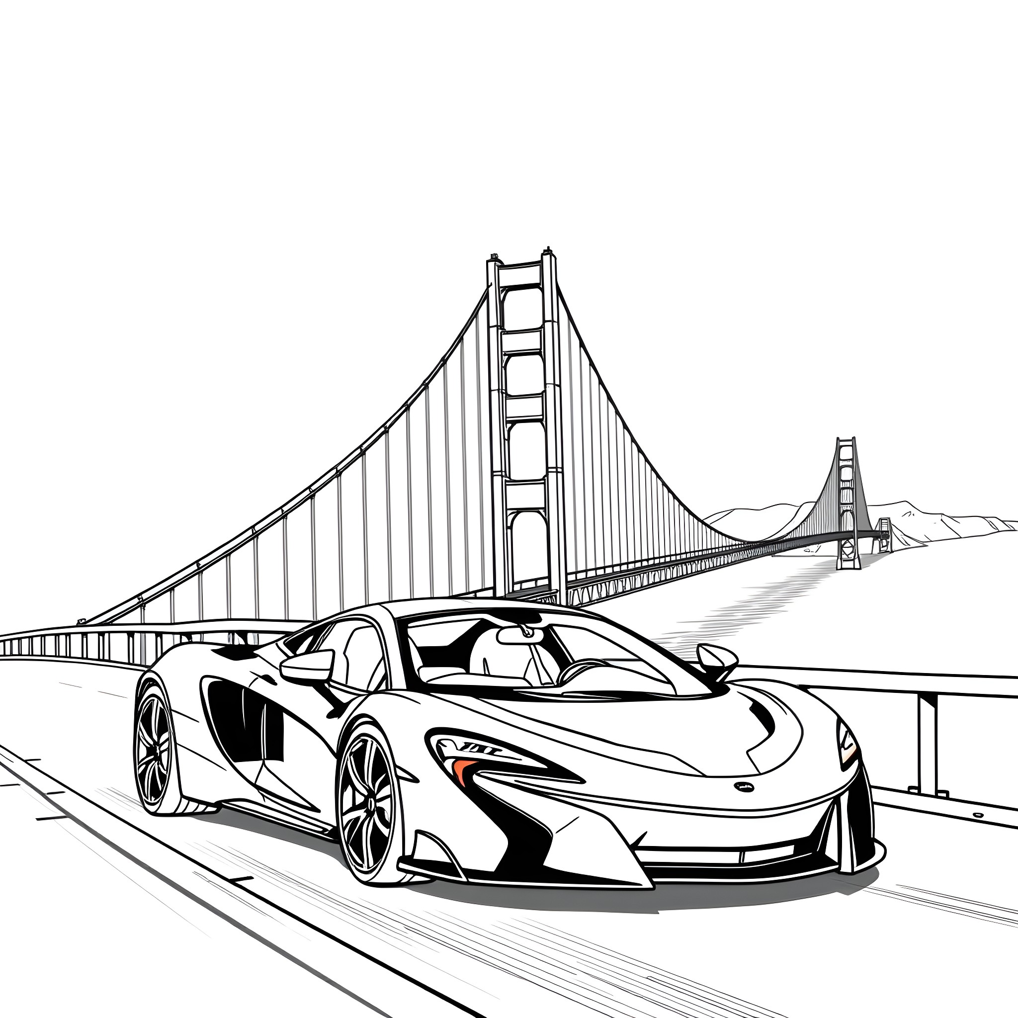 McLaren supercar crossing the Golden Gate Bridge Coloring Page (free black-and-white line drawing printable PDF for all, from beginners to advanced learners, including children, teens, adults, and seniors)