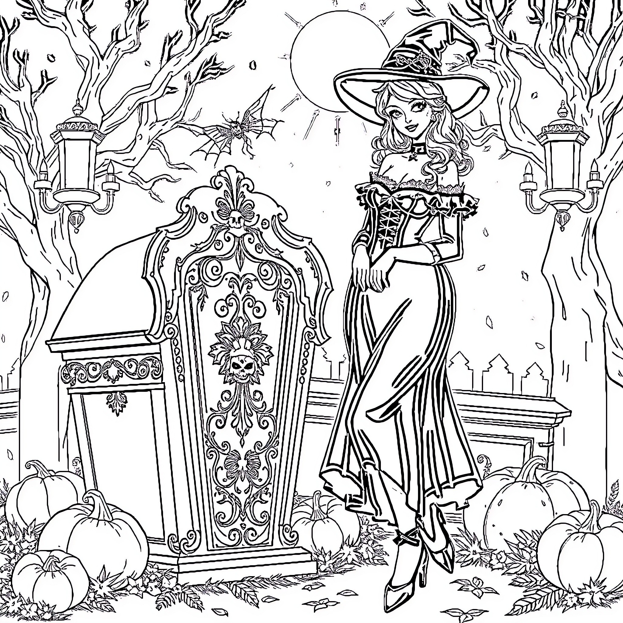 Victorian Woman in Ornate Garden Scene Coloring Page (free black-and-white line drawing printable PDF for all, from beginners to advanced learners, including children, teens, adults, and seniors)