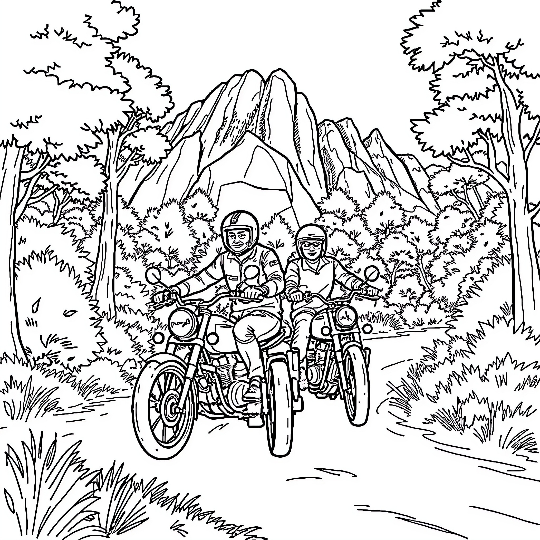 Motocross Riders Navigating Scenic Mountain Trail Coloring Page (free black-and-white line drawing printable PDF for all, from beginners to advanced learners, including children, teens, adults, and seniors)