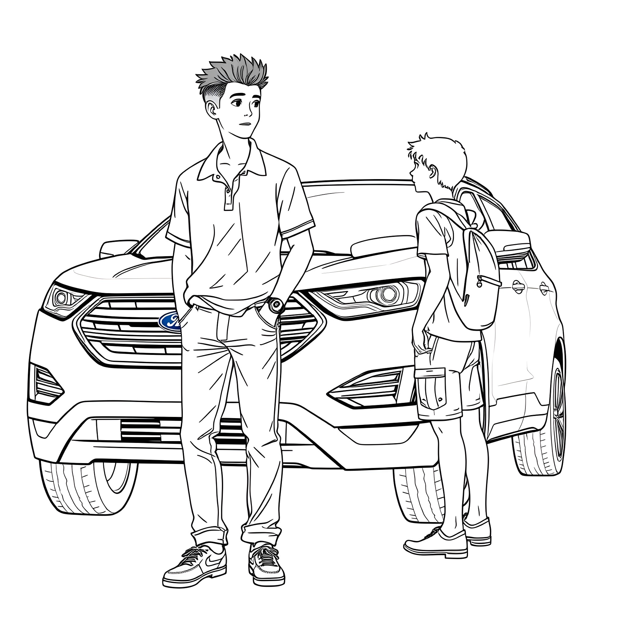 Teen Guy Conversing by Car with Backpack Coloring Page (free black-and-white line drawing printable PDF for all, from beginners to advanced learners, including children, teens, adults, and seniors)