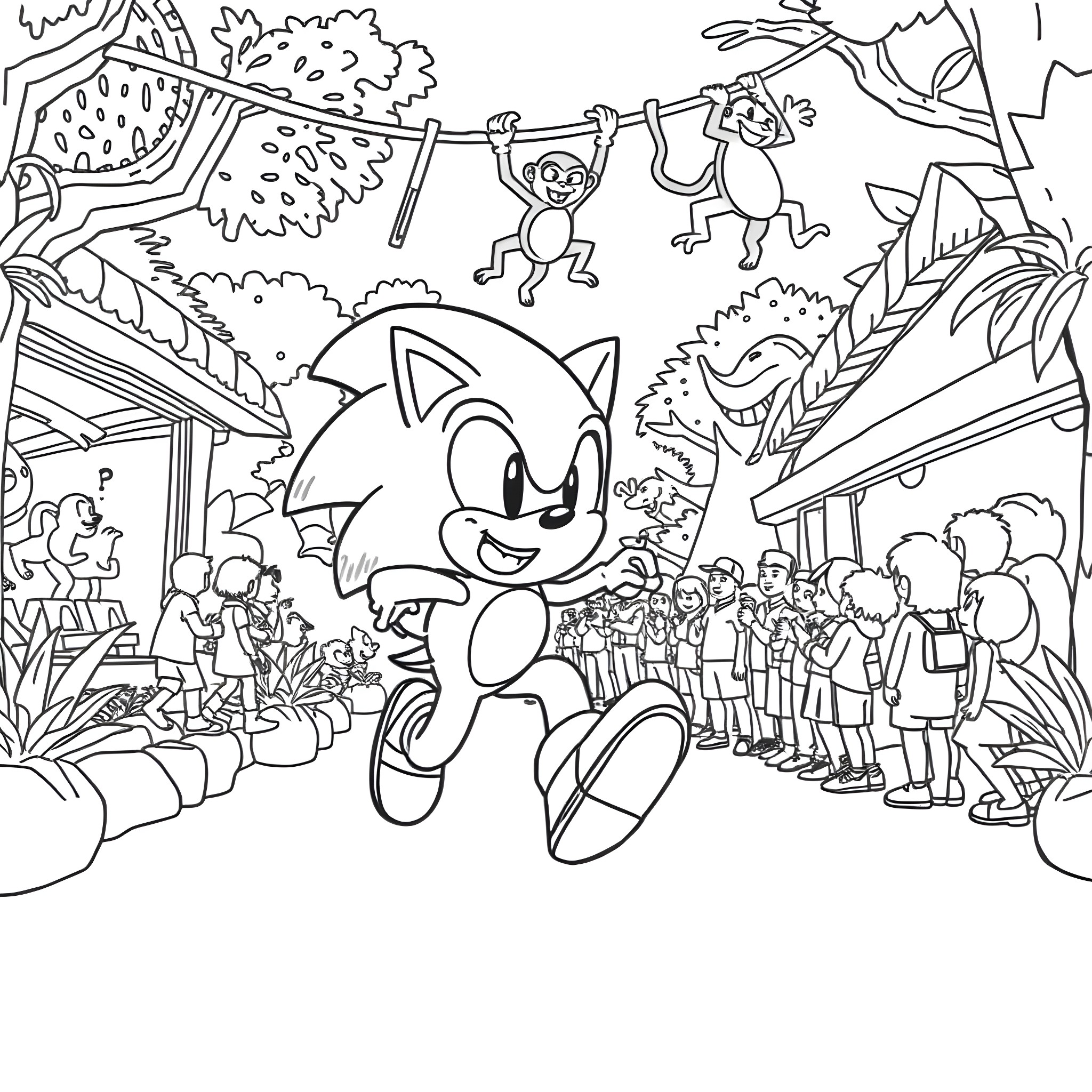 Sonic's Lively Jungle Adventure Coloring Page (free black-and-white line drawing printable PDF for all, from beginners to advanced learners, including children, teens, adults, and seniors)