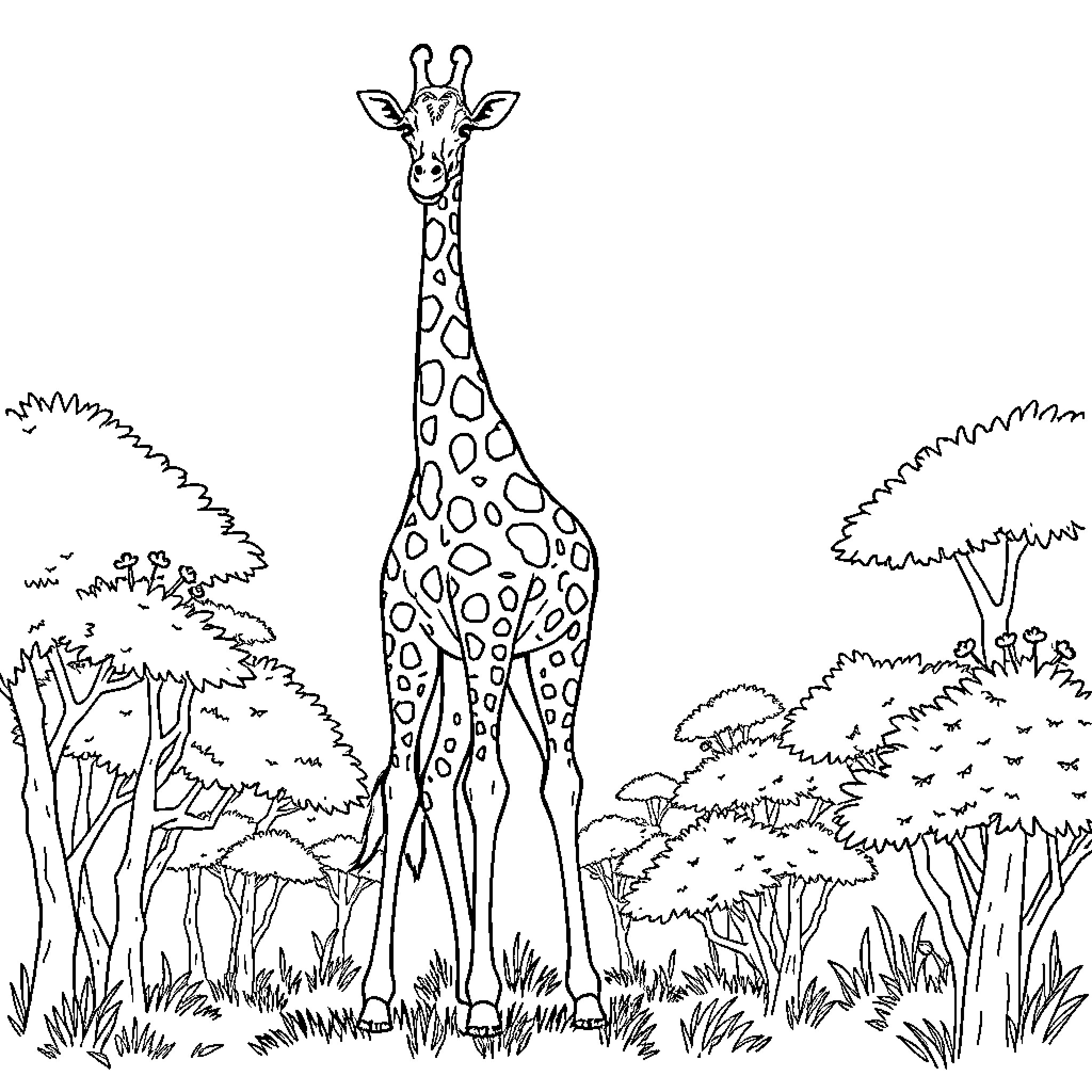Giraffe standing tall in a lush safari landscape Coloring Page (free black-and-white line drawing printable PDF for all, from beginners to advanced learners, including children, teens, adults, and seniors)