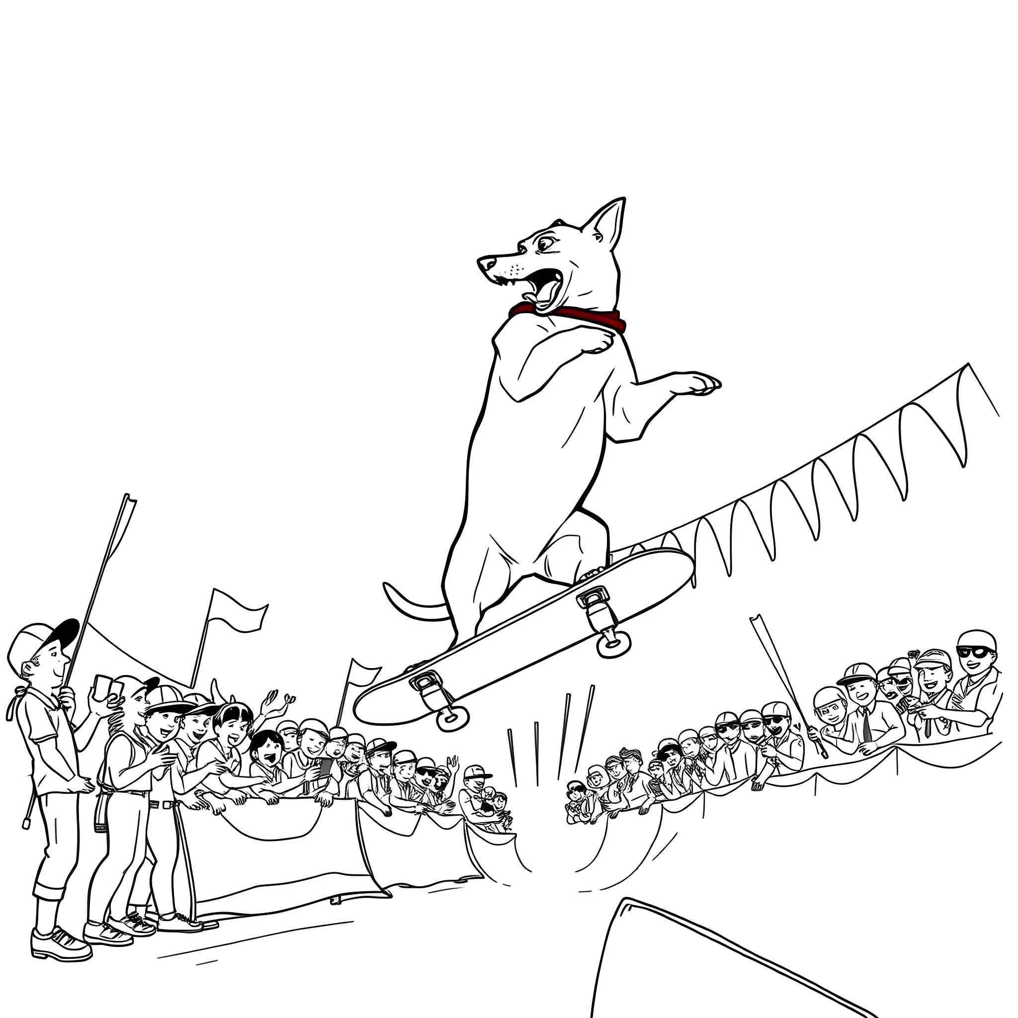 Dog riding a skateboard with cheering crowd Coloring Page (free black-and-white line drawing printable PDF for all, from beginners to advanced learners, including children, teens, adults, and seniors)