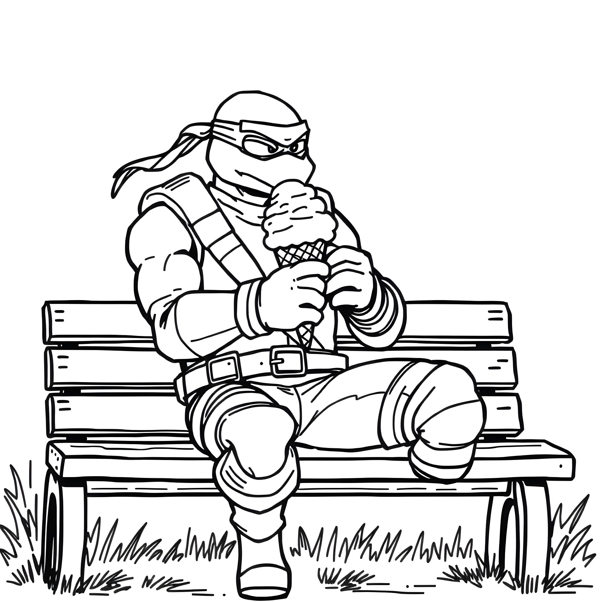 Snake-themed character enjoying an ice cream on a park bench Coloring Page (free black-and-white line drawing printable PDF for all, from beginners to advanced learners, including children, teens, adults, and seniors)