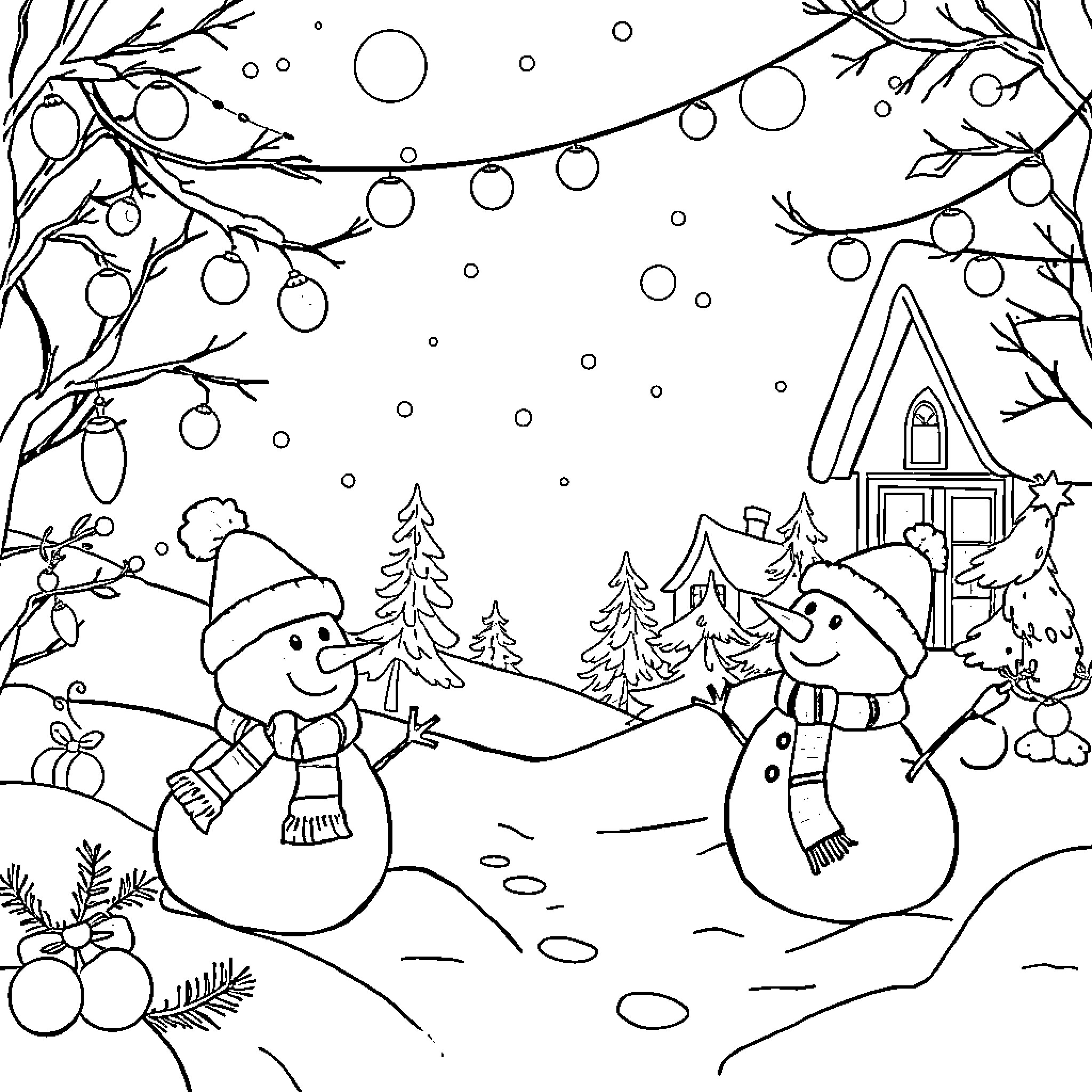 Winter Wonderland with Playful Snowmen and Festive Scenes Coloring Page (free black-and-white line drawing printable PDF for all, from beginners to advanced learners, including children, teens, adults, and seniors)