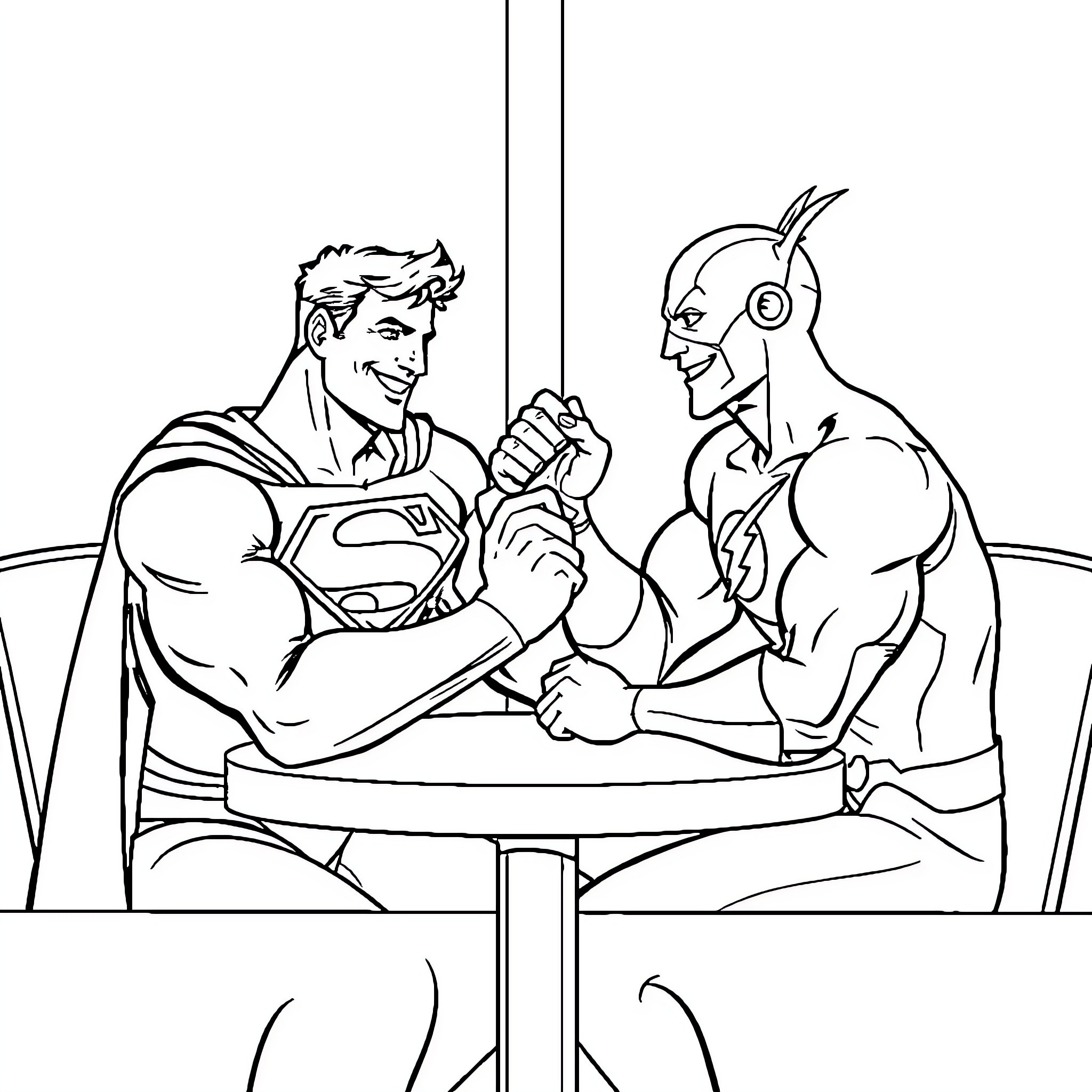 Superman Arm Wrestling with Superhero Opponent Coloring Page (free black-and-white line drawing printable PDF for all, from beginners to advanced learners, including children, teens, adults, and seniors)