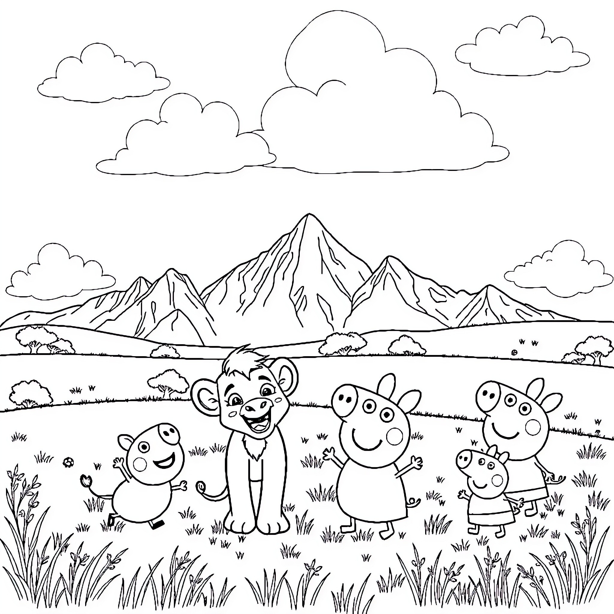 Bluey and friends explore the mountains Coloring Page (free black-and-white line drawing printable PDF for all, from beginners to advanced learners, including children, teens, adults, and seniors)