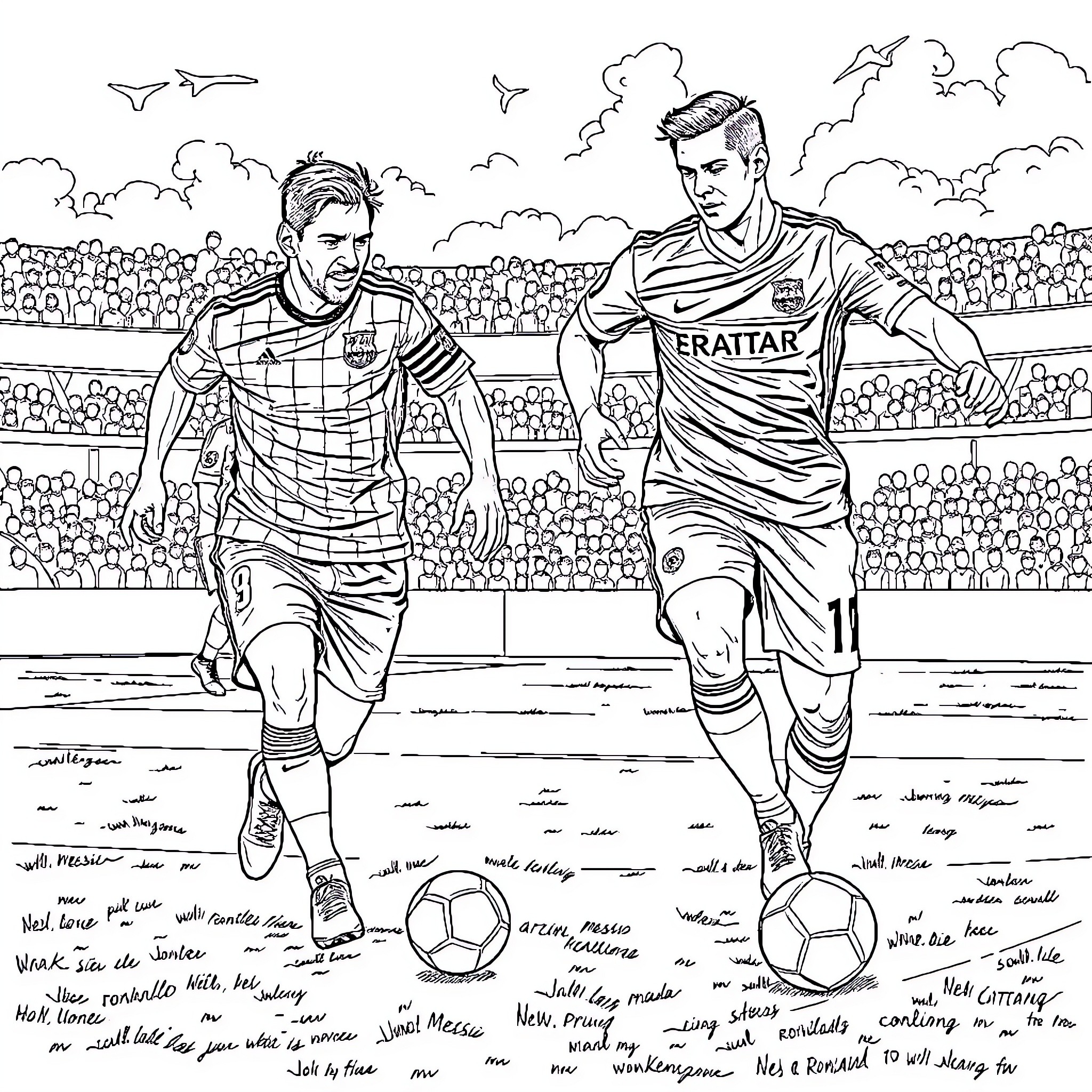 Messi and Teammate in Intense Soccer Match Coloring Page (free black-and-white line drawing printable PDF for all, from beginners to advanced learners, including children, teens, adults, and seniors)
