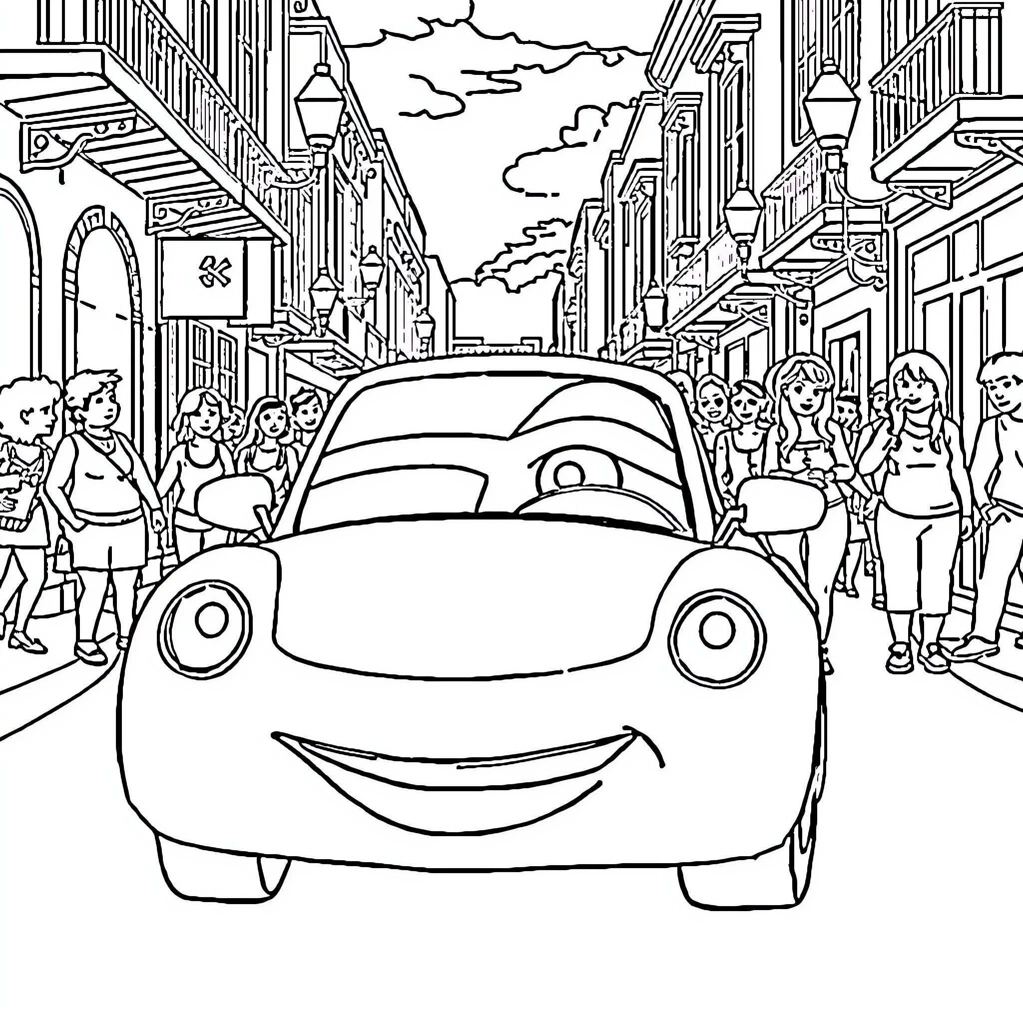 Car drives down a busy city street Coloring Page (free black-and-white line drawing printable PDF for all, from beginners to advanced learners, including children, teens, adults, and seniors)