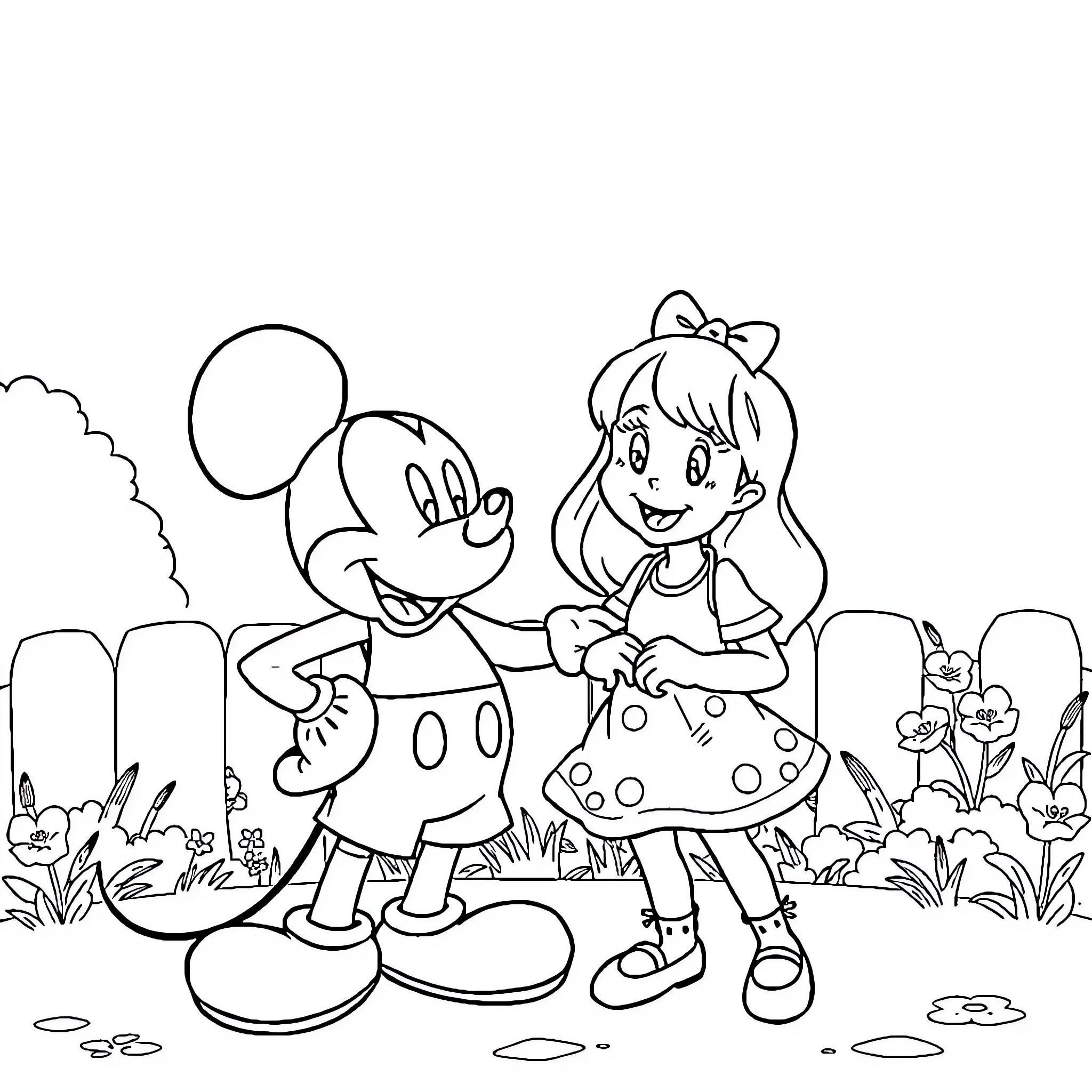 Mickey Mouse and girl enjoying the outdoors Coloring Page (free black-and-white line drawing printable PDF for all, from beginners to advanced learners, including children, teens, adults, and seniors)