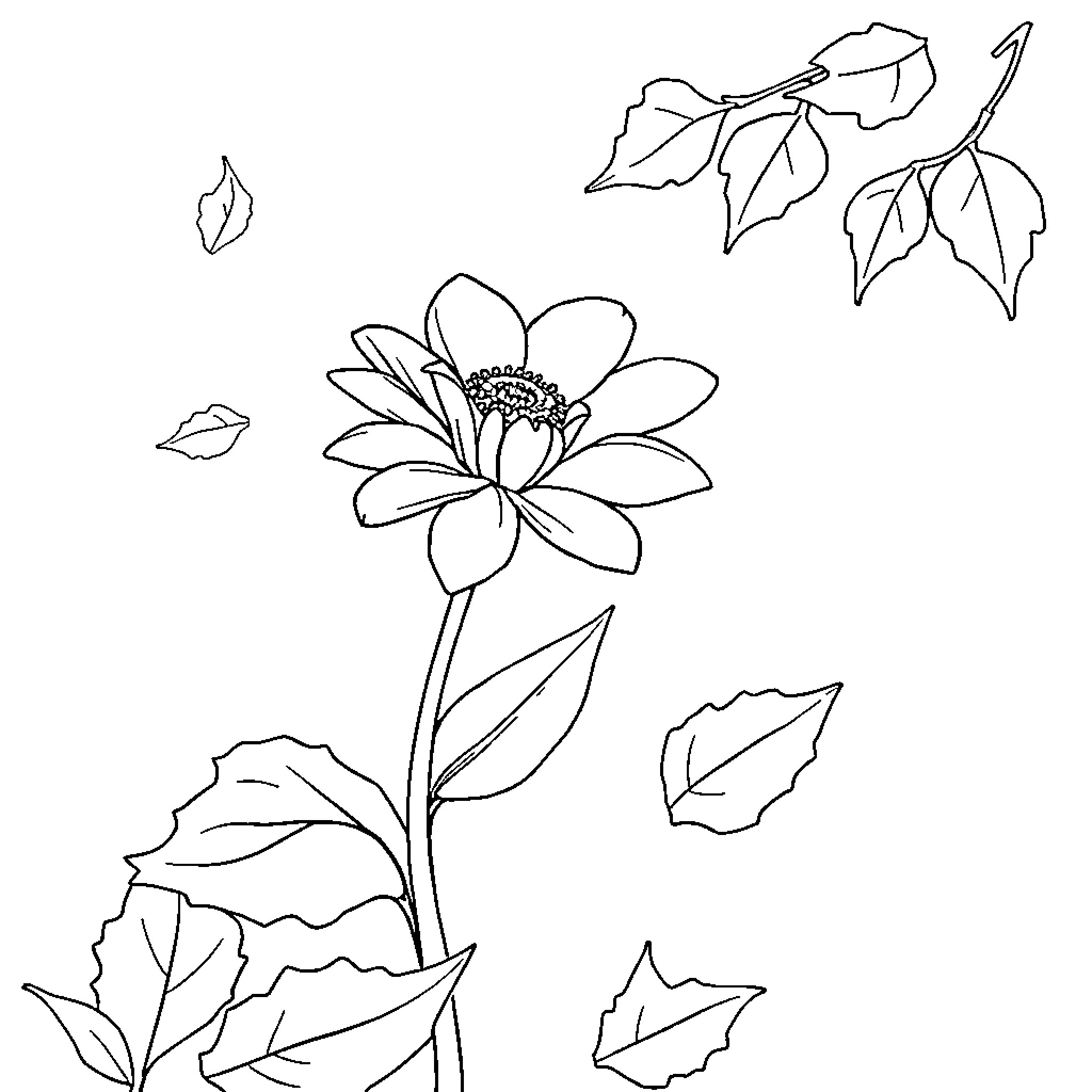 Flower blossoming amidst falling leaves Coloring Page (free black-and-white line drawing printable PDF for all, from beginners to advanced learners, including children, teens, adults, and seniors)