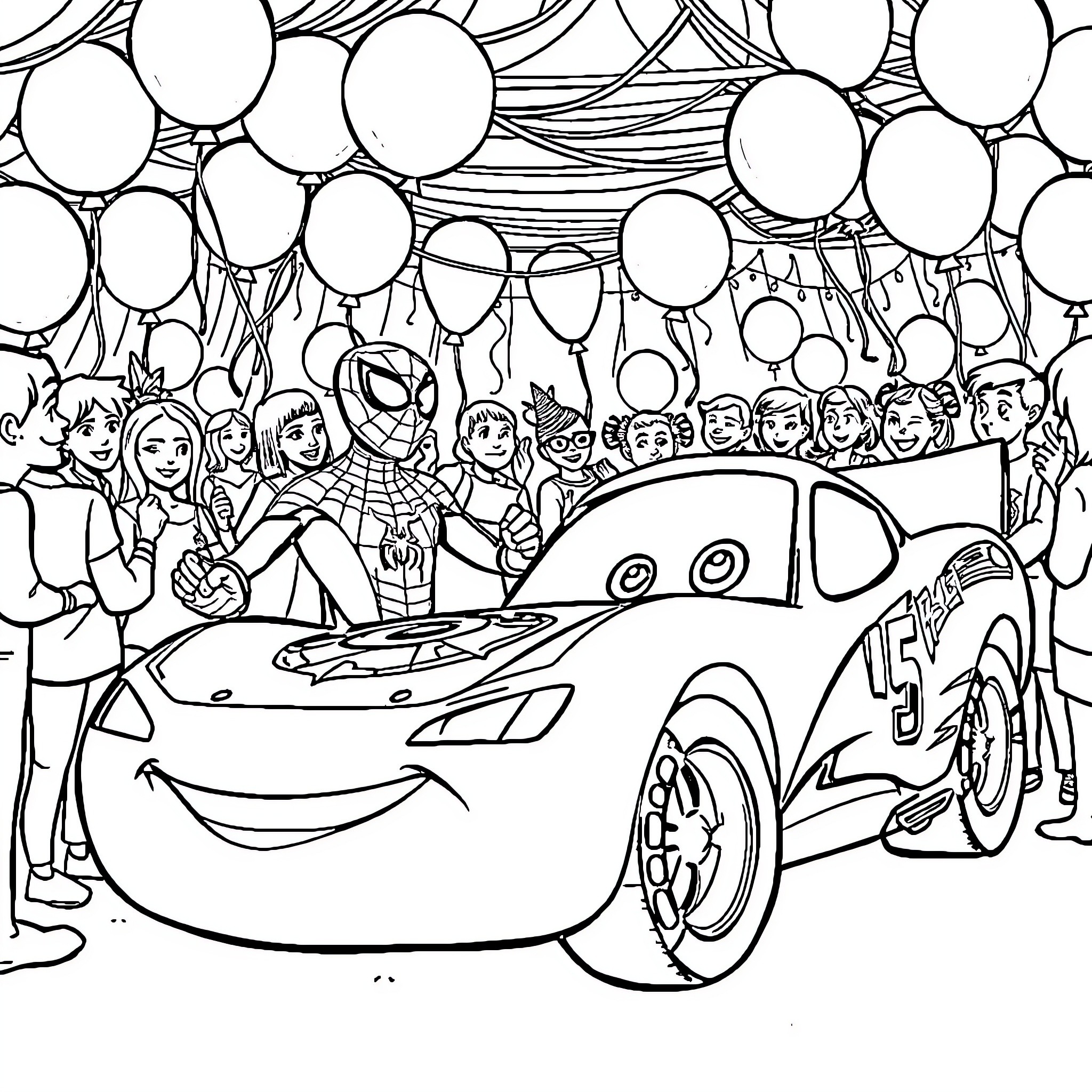Lightning McQueen racing with balloons and friends Coloring Page (free black-and-white line drawing printable PDF for all, from beginners to advanced learners, including children, teens, adults, and seniors)