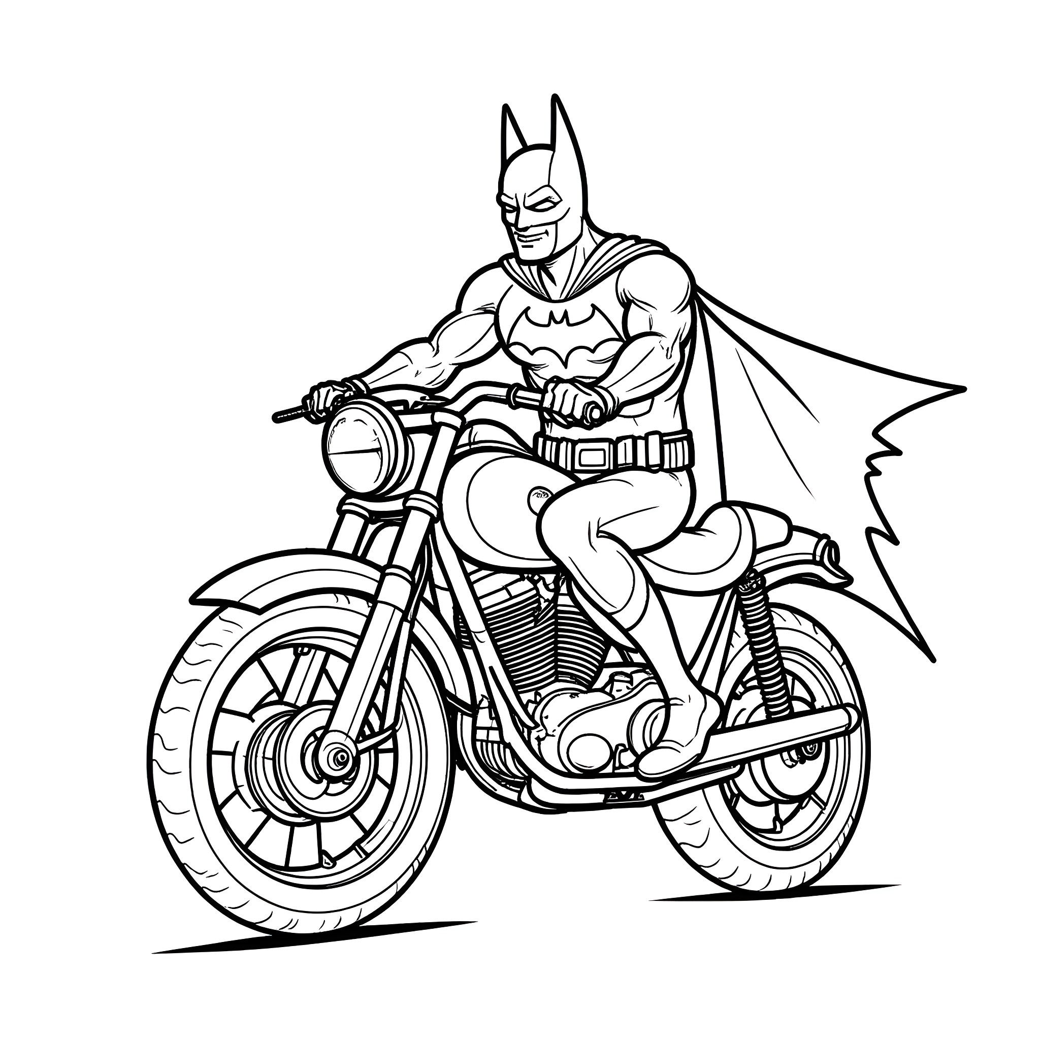 Batman riding a motorcycle in action Coloring Page (free black-and-white line drawing printable PDF for all, from beginners to advanced learners, including children, teens, adults, and seniors)