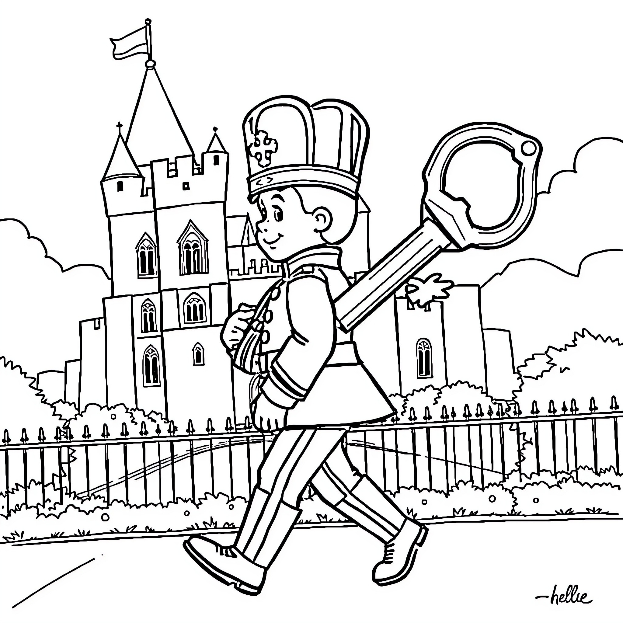 Prince exploring castle and holding key Coloring Page (free black-and-white line drawing printable PDF for all, from beginners to advanced learners, including children, teens, adults, and seniors)