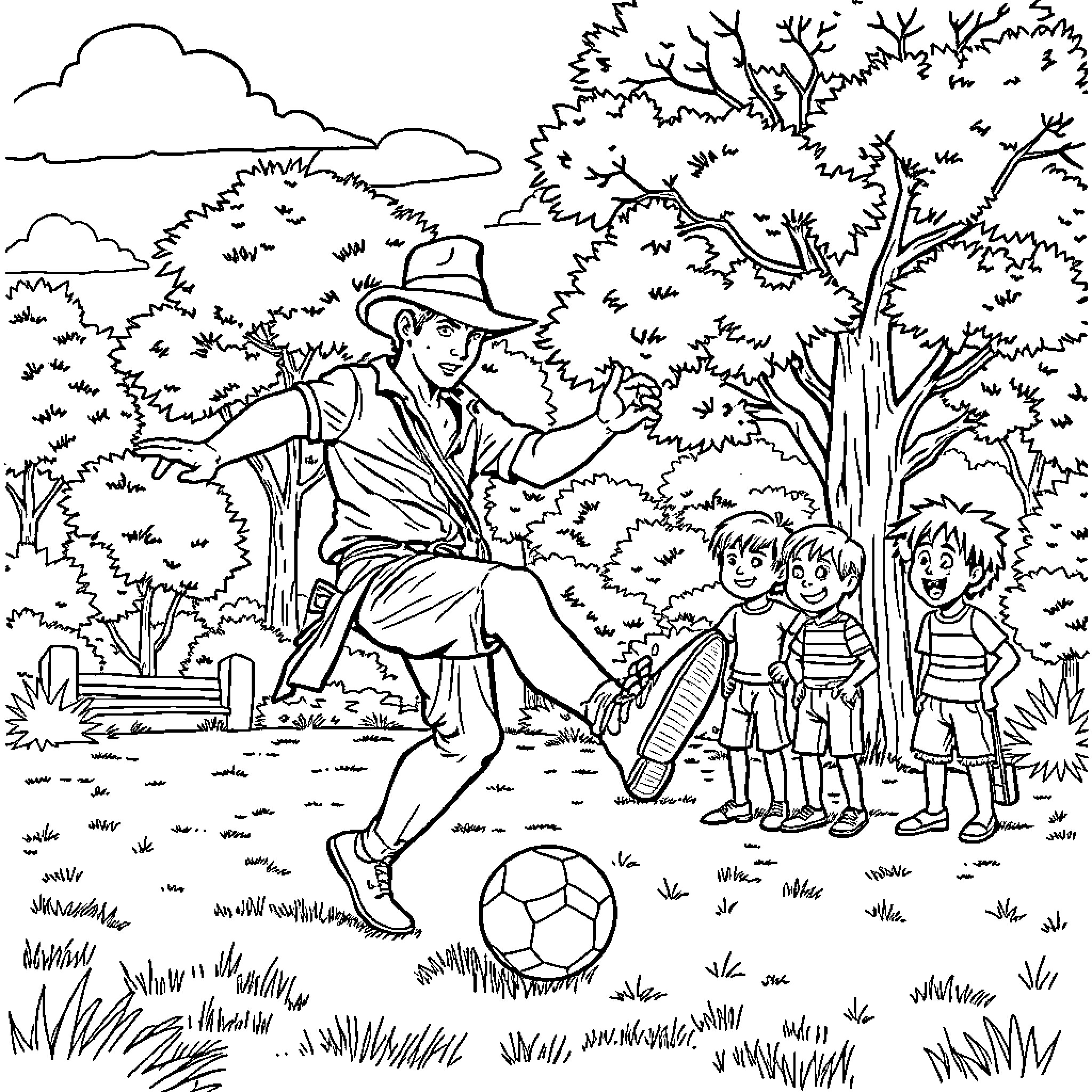 Indiana Jones Explores Tropical Jungle with Children Coloring Page (free black-and-white line drawing printable PDF for all, from beginners to advanced learners, including children, teens, adults, and seniors)