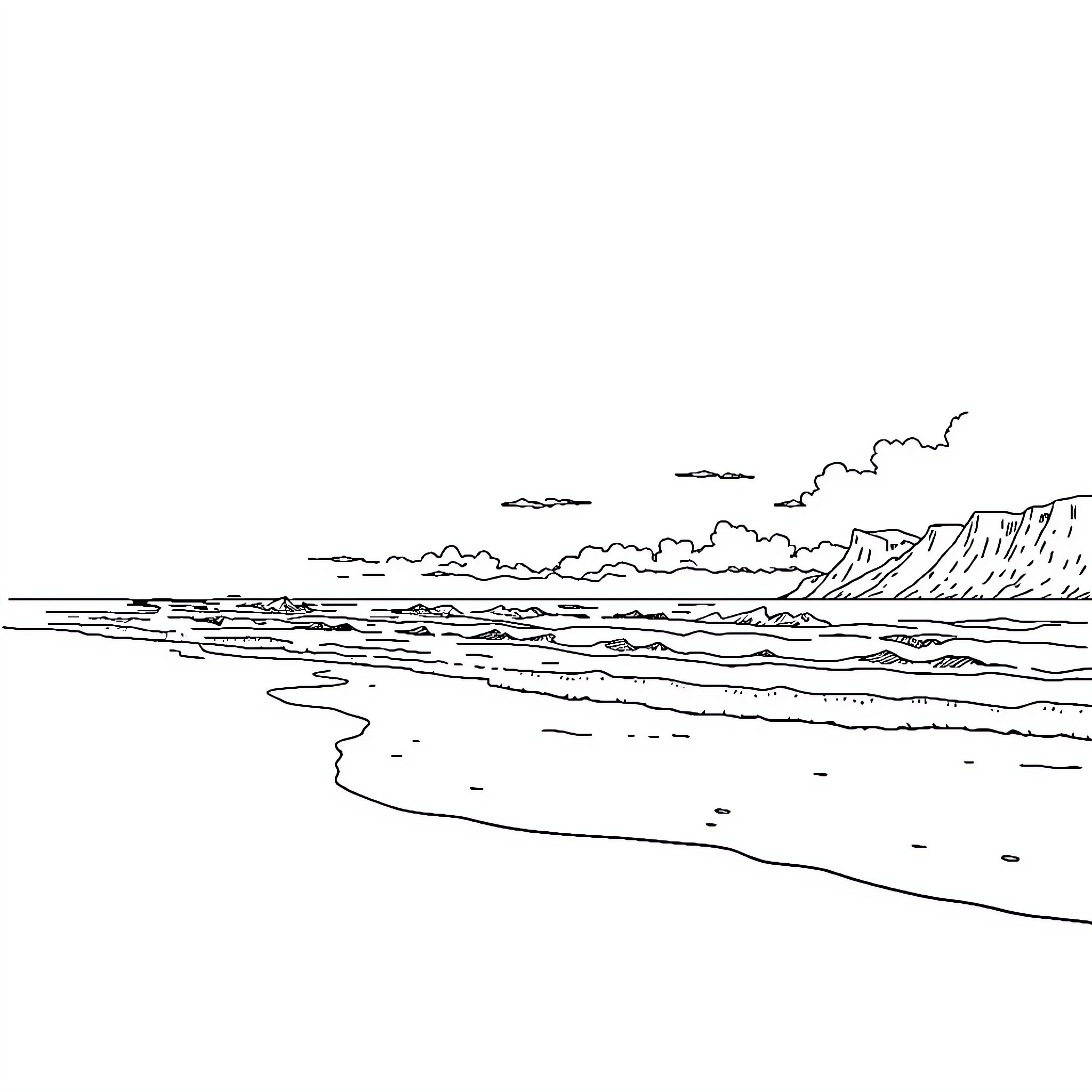 Beach scene with waves and cliffs Coloring Page (free black-and-white line drawing printable PDF for all, from beginners to advanced learners, including children, teens, adults, and seniors)