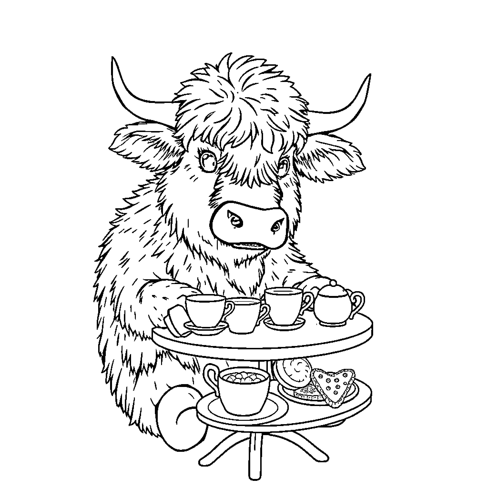 Highland Cow enjoying afternoon tea Coloring Page (free black-and-white line drawing printable PDF for all, from beginners to advanced learners, including children, teens, adults, and seniors)