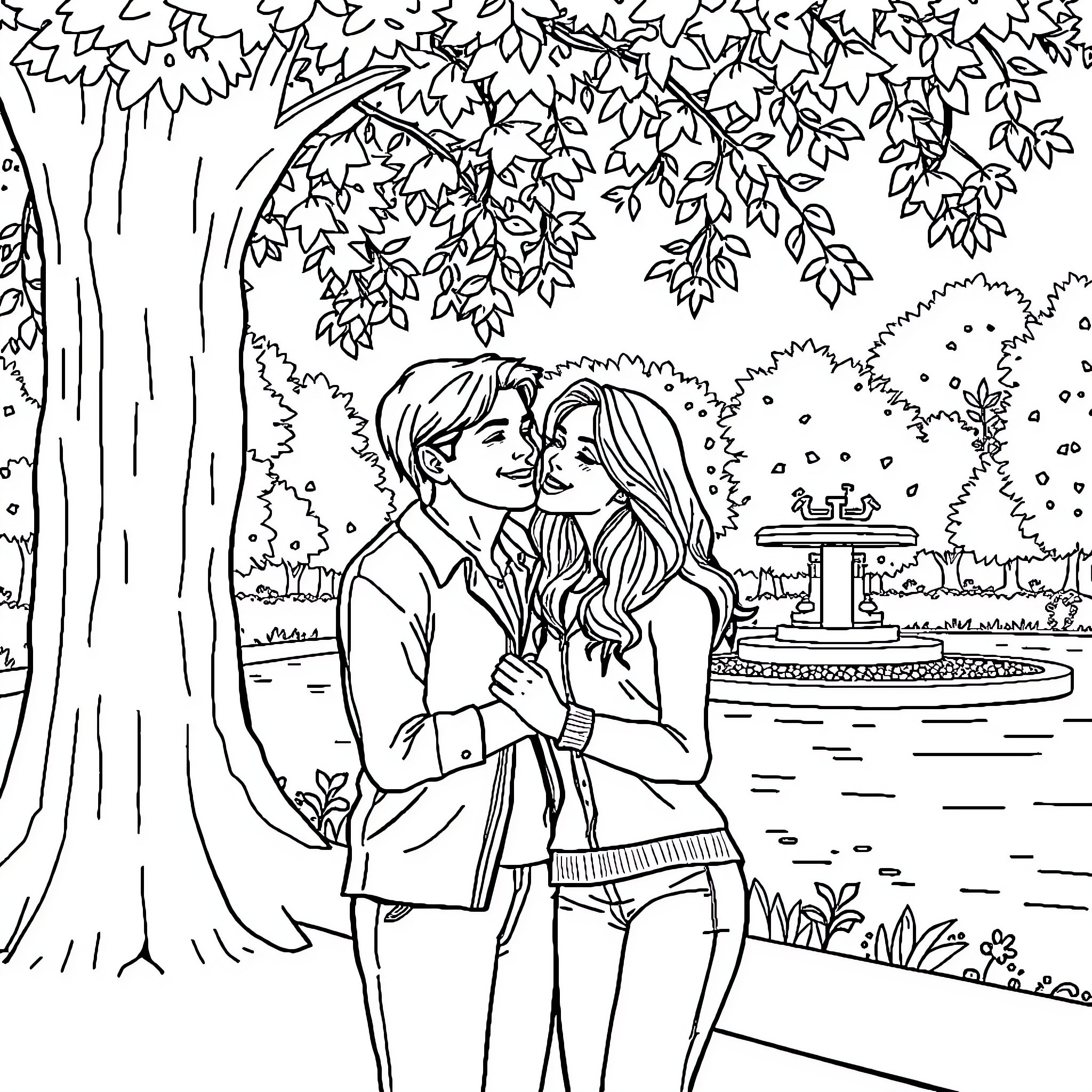 Couples sharing a tender moment in nature Coloring Page (free black-and-white line drawing printable PDF for all, from beginners to advanced learners, including children, teens, adults, and seniors)