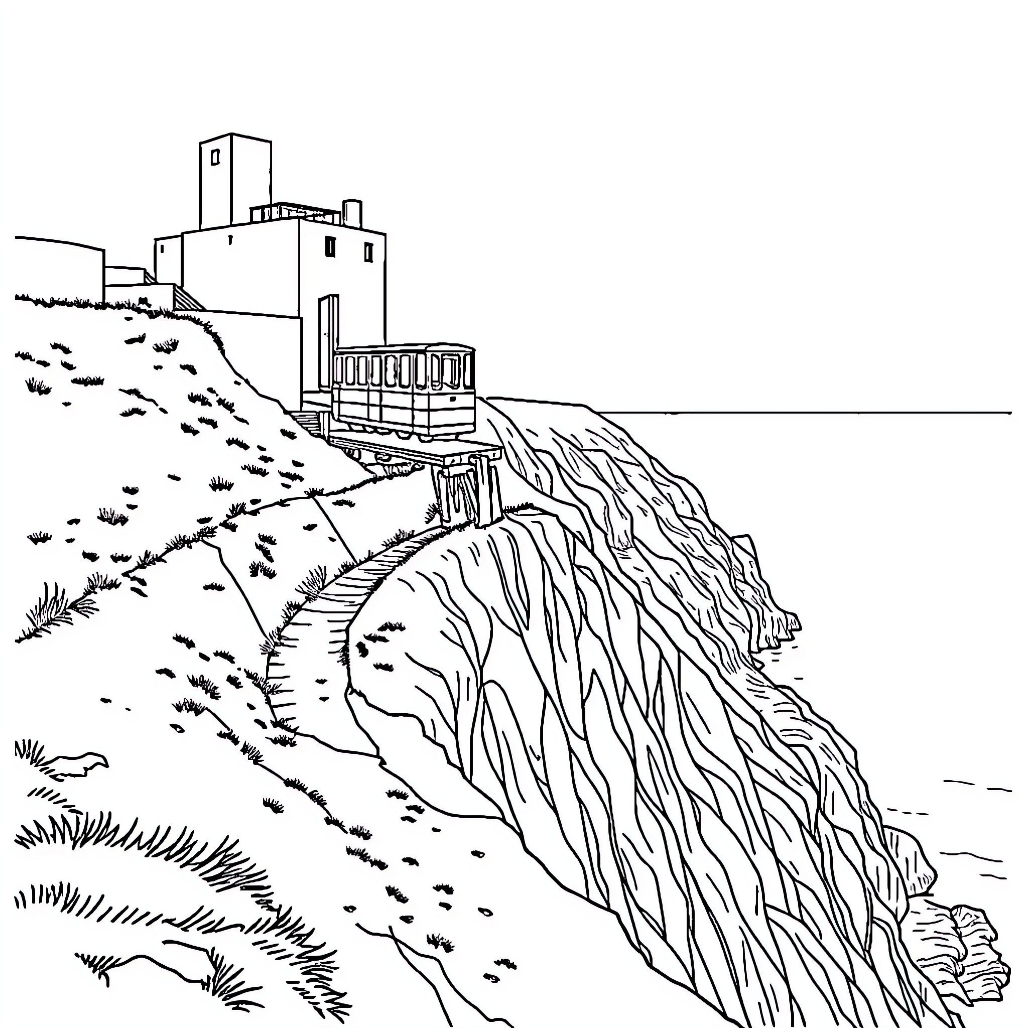 Cliff Railway Transporting Visitors Along Rocky Terrain Coloring Page (free black-and-white line drawing printable PDF for all, from beginners to advanced learners, including children, teens, adults, and seniors)