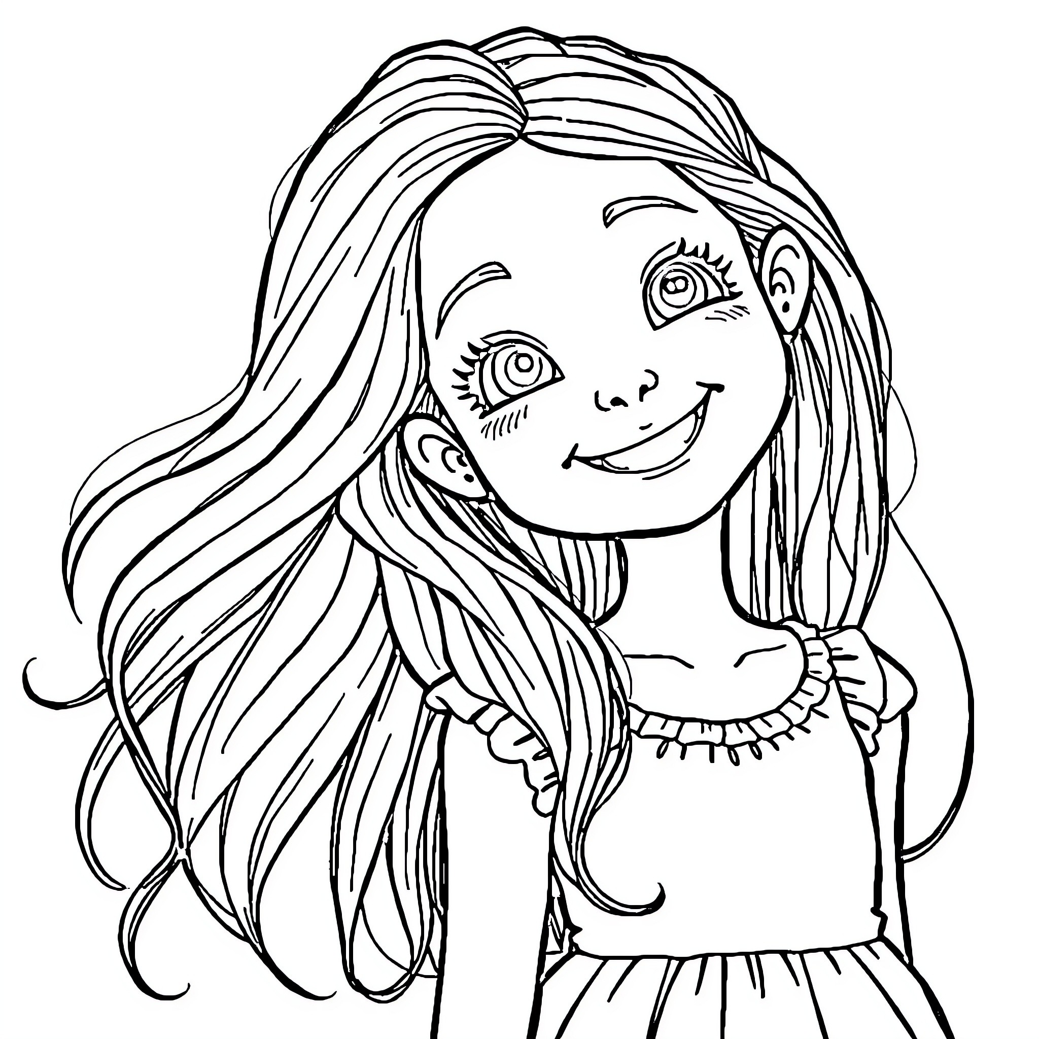 Girl with Flowing Hair and Cheerful Expression Coloring Page (free black-and-white line drawing printable PDF for all, from beginners to advanced learners, including children, teens, adults, and seniors)