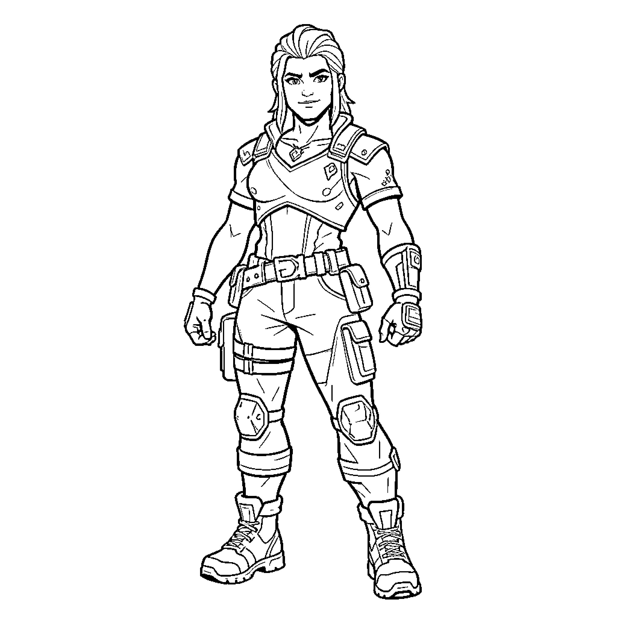 Fortnite Skin character standing in combat gear Coloring Page (free black-and-white line drawing printable PDF for all, from beginners to advanced learners, including children, teens, adults, and seniors)
