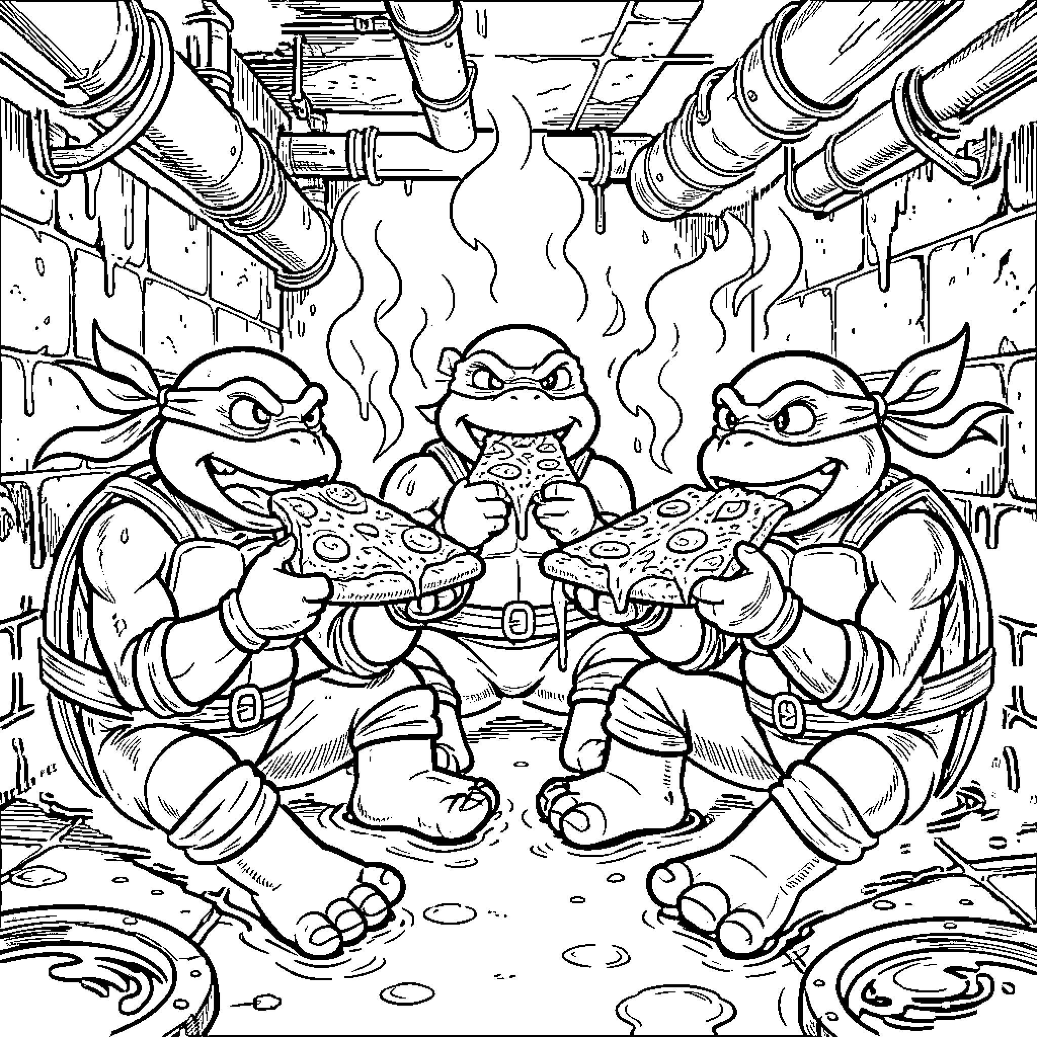 Ninja Turtle friends enjoying a pizza feast together Coloring Page (free black-and-white line drawing printable PDF for all, from beginners to advanced learners, including children, teens, adults, and seniors)