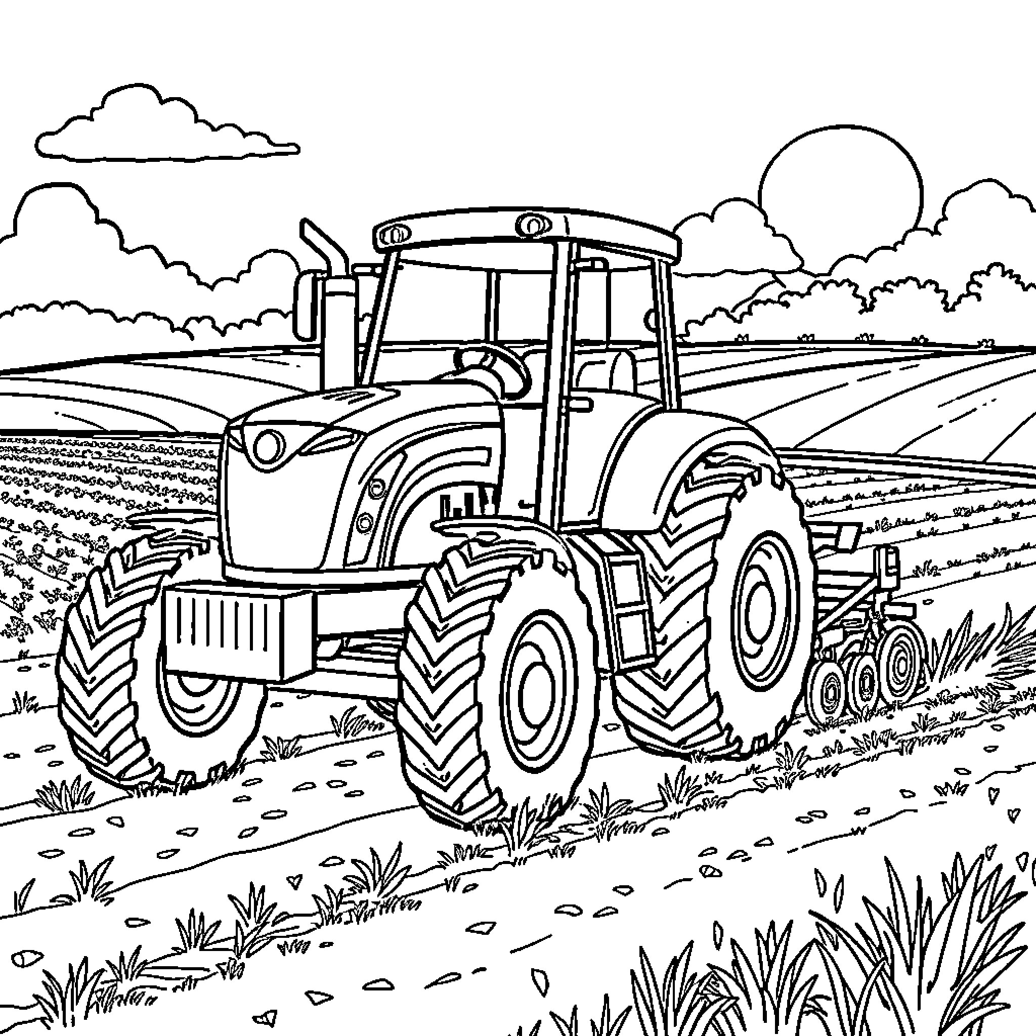 Tractor working diligently in the farm field Coloring Page (free black-and-white line drawing printable PDF for all, from beginners to advanced learners, including children, teens, adults, and seniors)