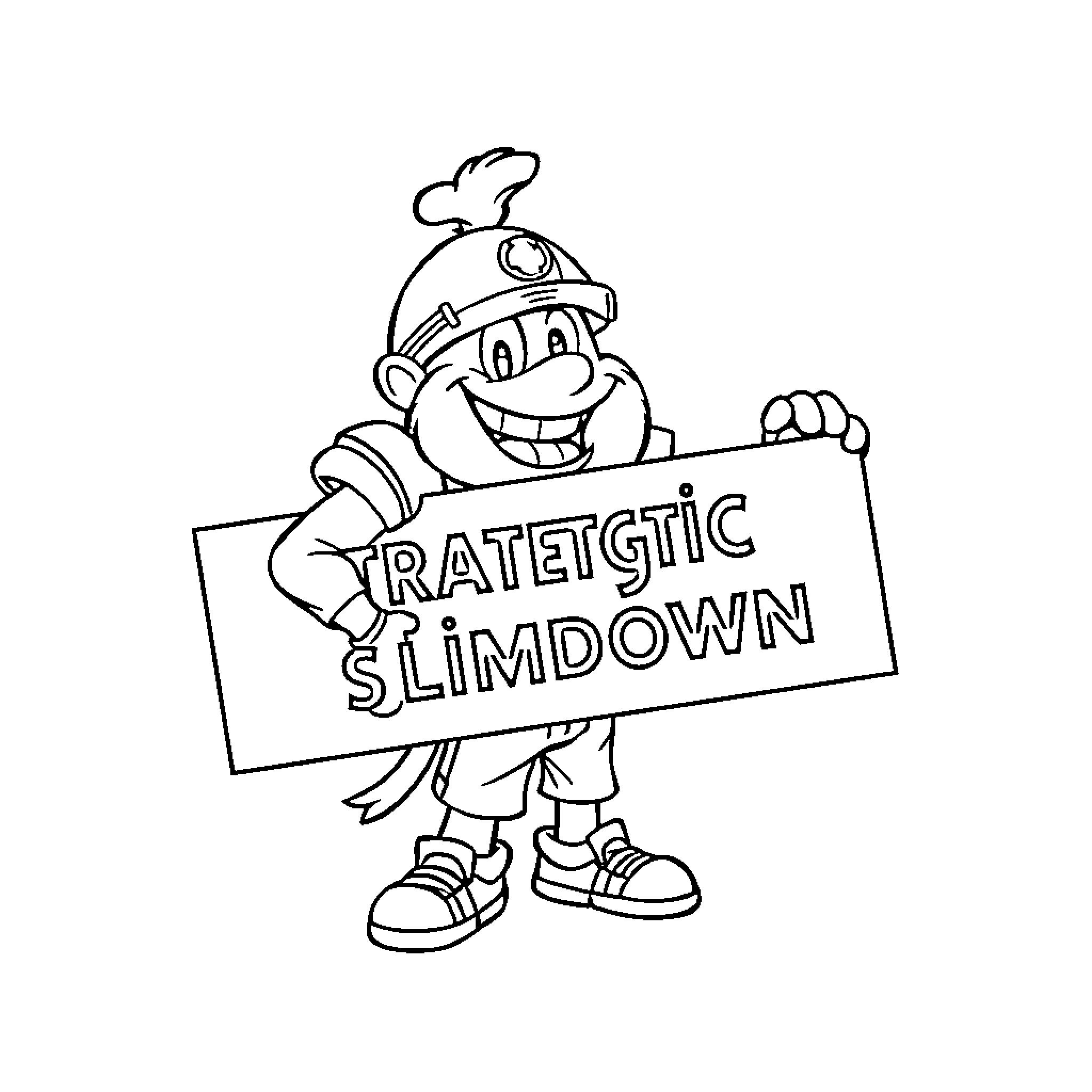 Mascot proudly holding 'Rateigtic Slimdown' sign Coloring Page (free black-and-white line drawing printable PDF for all, from beginners to advanced learners, including children, teens, adults, and seniors)
