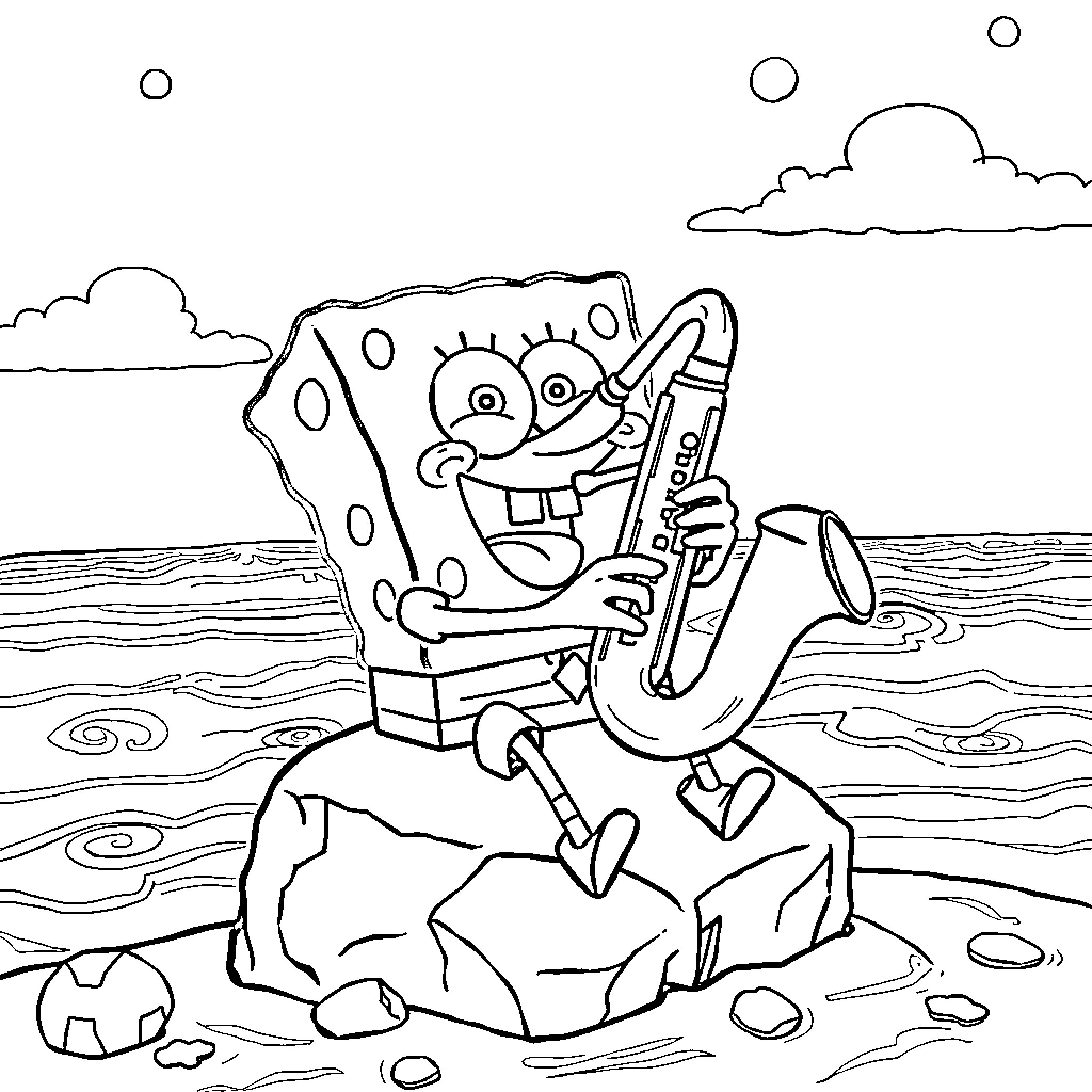 Spongebob playing happily with his ukulele on the beach Coloring Page (free black-and-white line drawing printable PDF for all, from beginners to advanced learners, including children, teens, adults, and seniors)