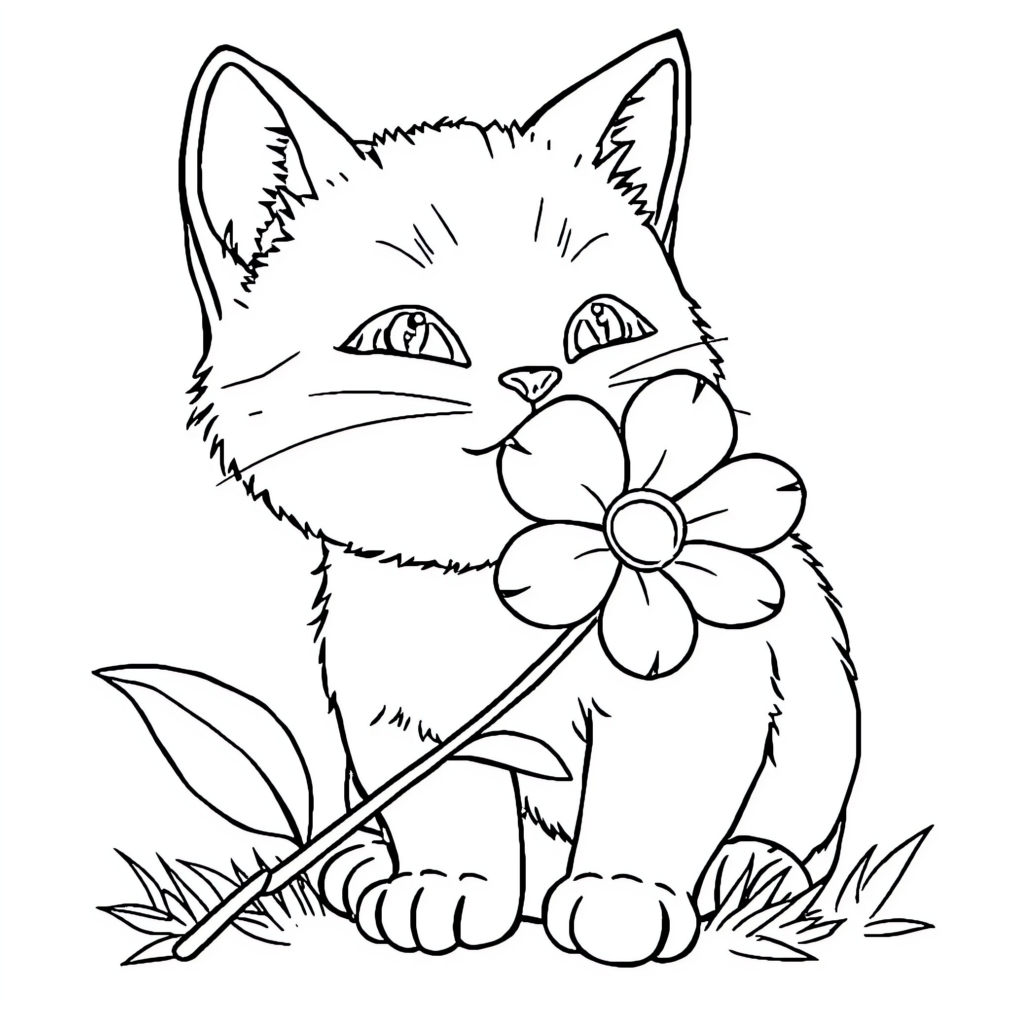 Cat playing with flower in the grass Coloring Page (free black-and-white line drawing printable PDF for all, from beginners to advanced learners, including children, teens, adults, and seniors)