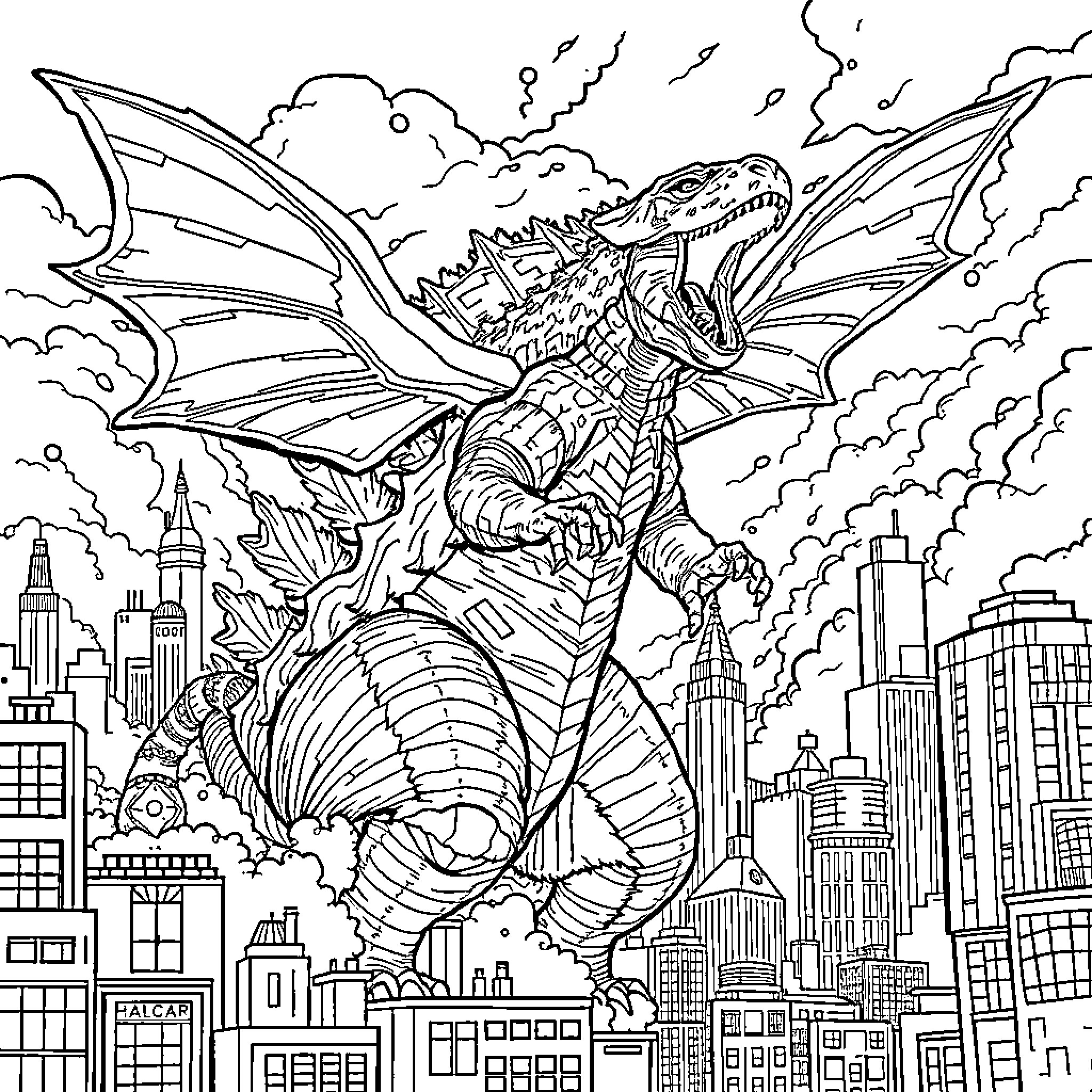 Godzilla Rampaging Through the City Skyline Coloring Page (free black-and-white line drawing printable PDF for all, from beginners to advanced learners, including children, teens, adults, and seniors)