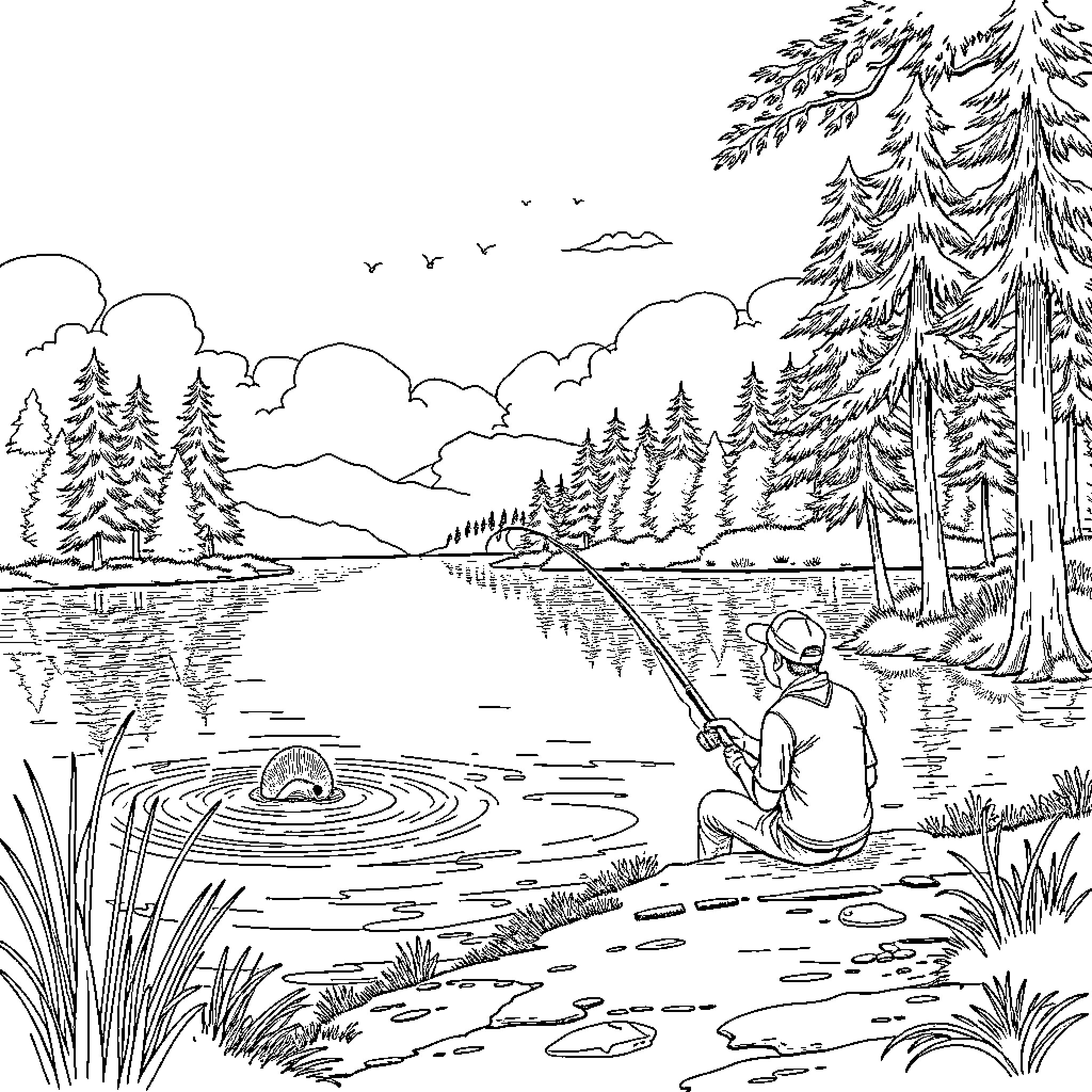 Man fishing peacefully in a scenic lake Coloring Page (free black-and-white line drawing printable PDF for all, from beginners to advanced learners, including children, teens, adults, and seniors)