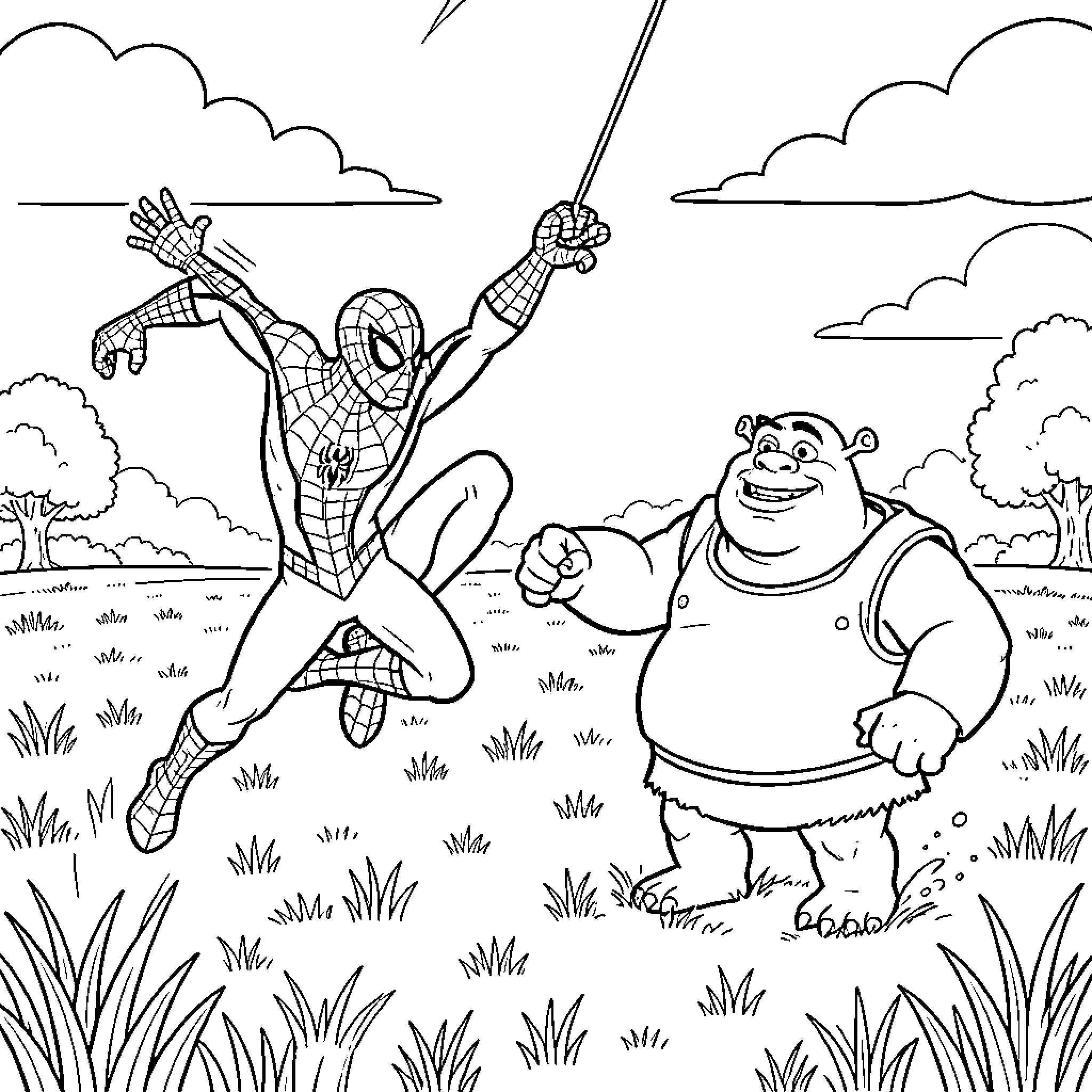 Spiderman swinging through the air next to Shrek Coloring Page (free black-and-white line drawing printable PDF for all, from beginners to advanced learners, including children, teens, adults, and seniors)