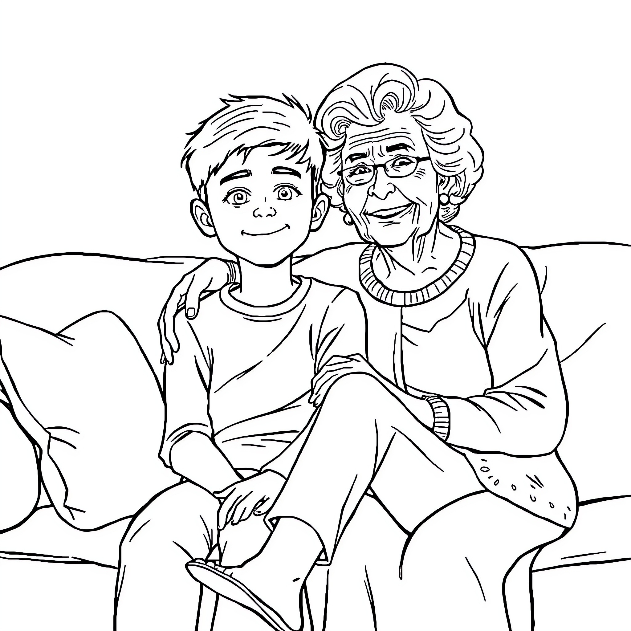 Boy and Grandmother Sitting Together Coloring Page (free black-and-white line drawing printable PDF for all, from beginners to advanced learners, including children, teens, adults, and seniors)