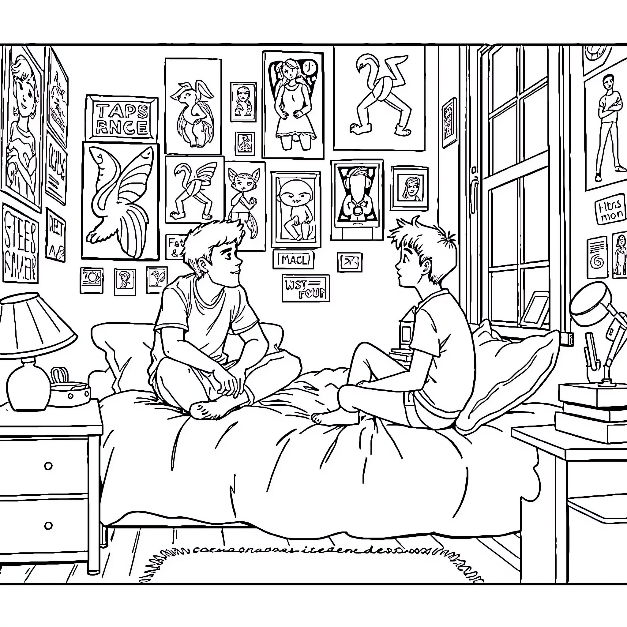 Boys sharing a cozy moment in their bedroom Coloring Page (free black-and-white line drawing printable PDF for all, from beginners to advanced learners, including children, teens, adults, and seniors)