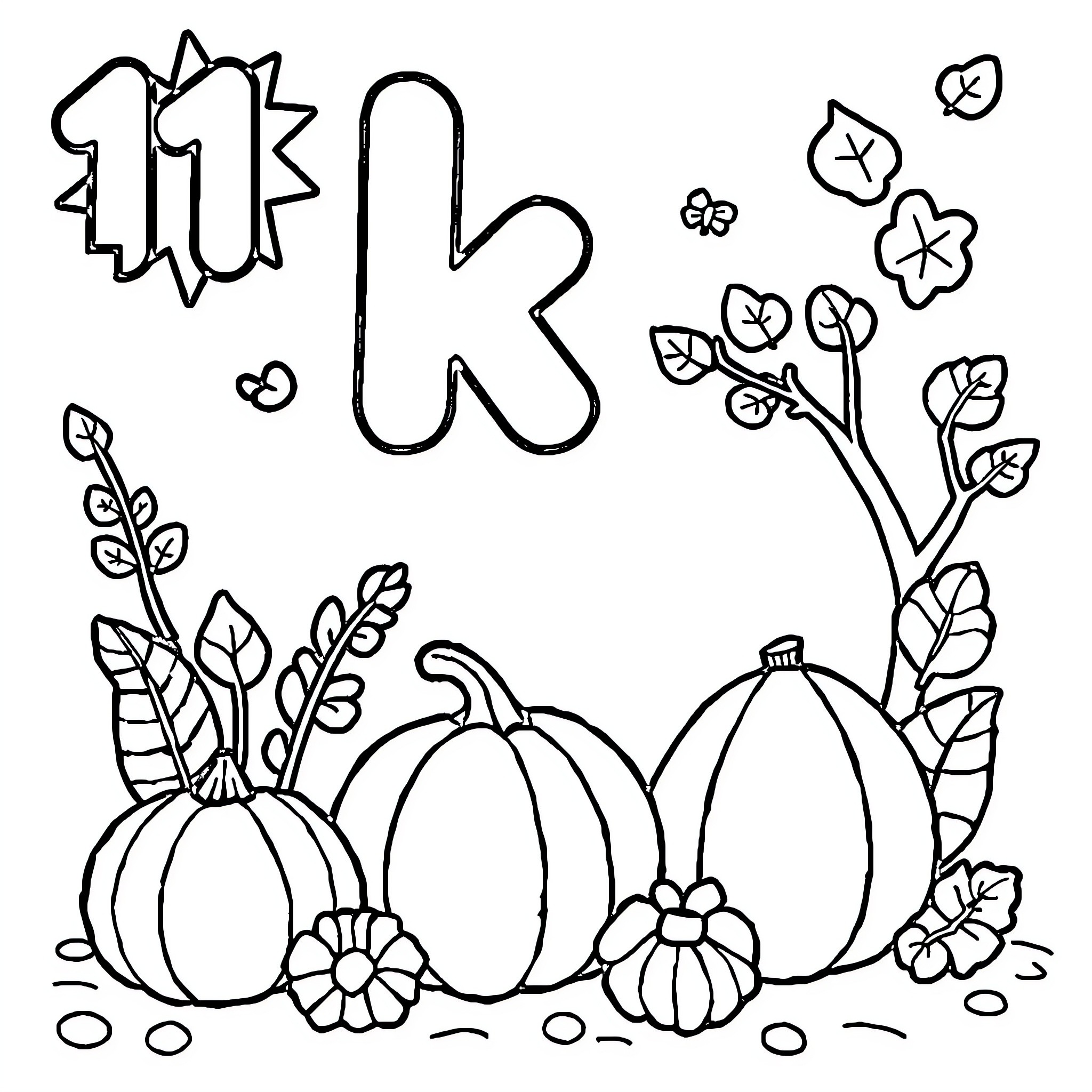 Fall pumpkins and foliage in scenic autumn setting Coloring Page (free black-and-white line drawing printable PDF for all, from beginners to advanced learners, including children, teens, adults, and seniors)