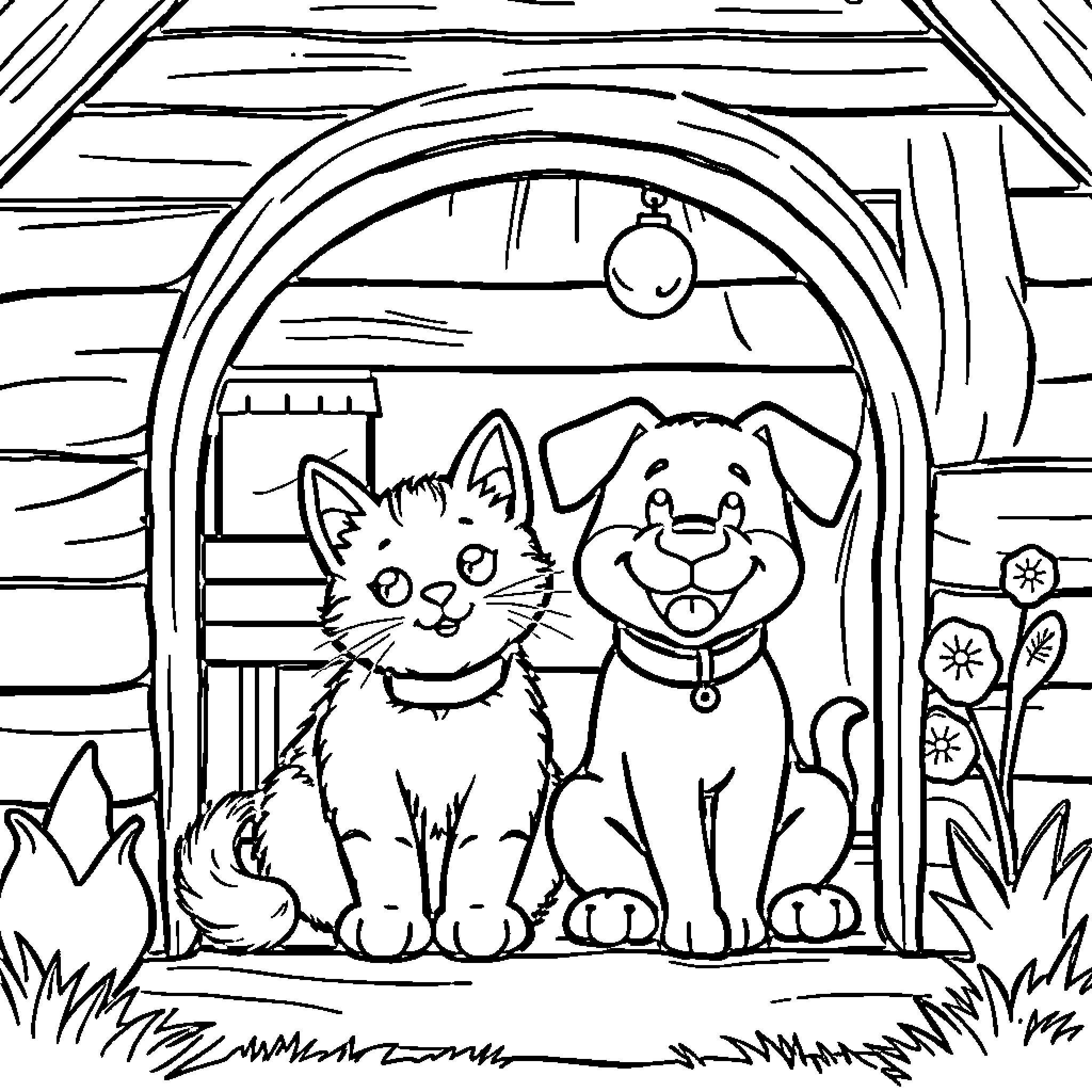 Cat and dog in a cozy cottage Coloring Page (free black-and-white line drawing printable PDF for all, from beginners to advanced learners, including children, teens, adults, and seniors)