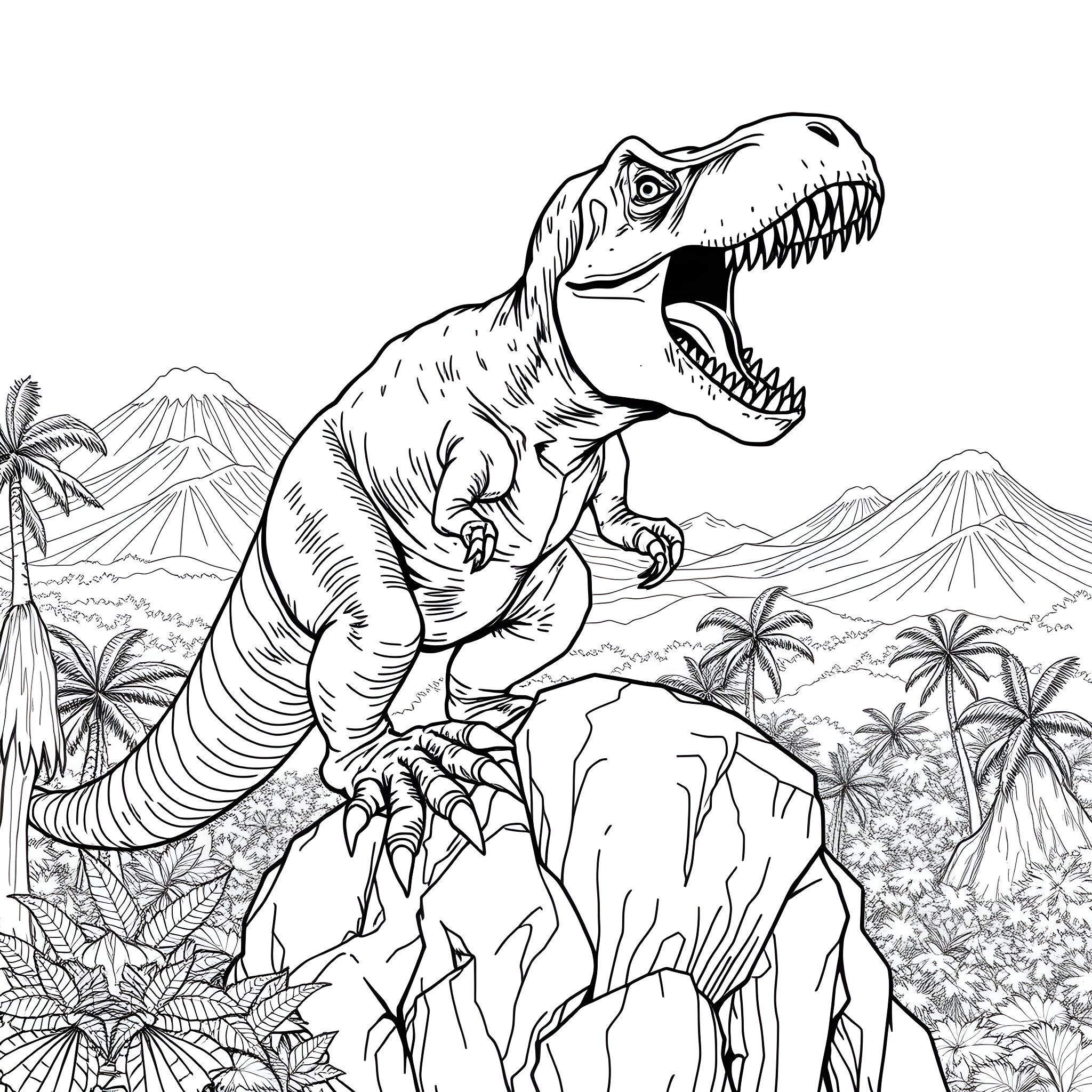 T-Rex roaring fiercely in prehistoric landscape Coloring Page (free black-and-white line drawing printable PDF for all, from beginners to advanced learners, including children, teens, adults, and seniors)